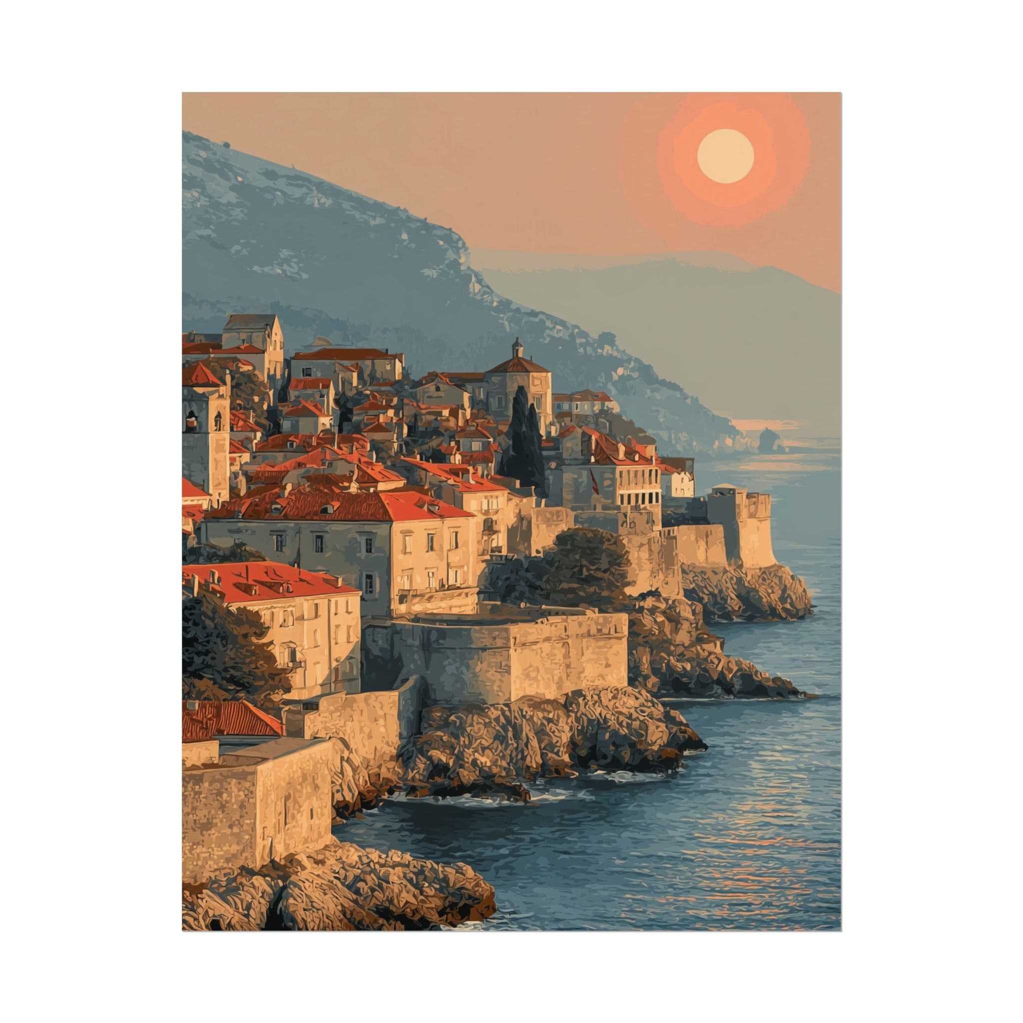 Dubrovnik's Golden Hour: Medieval Coastal Cityscape, Adriatic Sunset Panorama   |    Custom Orders Available