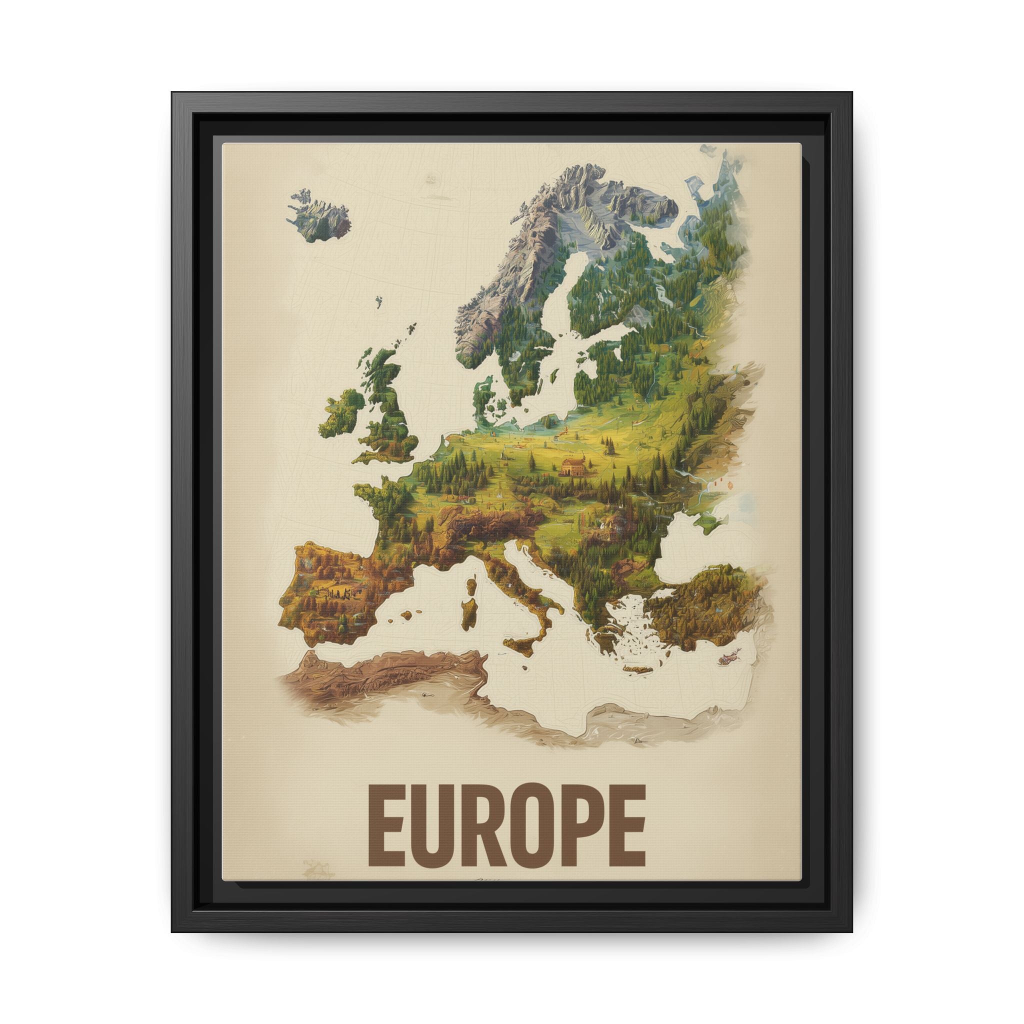 Framed Europe Map Canvas Print — Vintage Landscape Style Wall Art