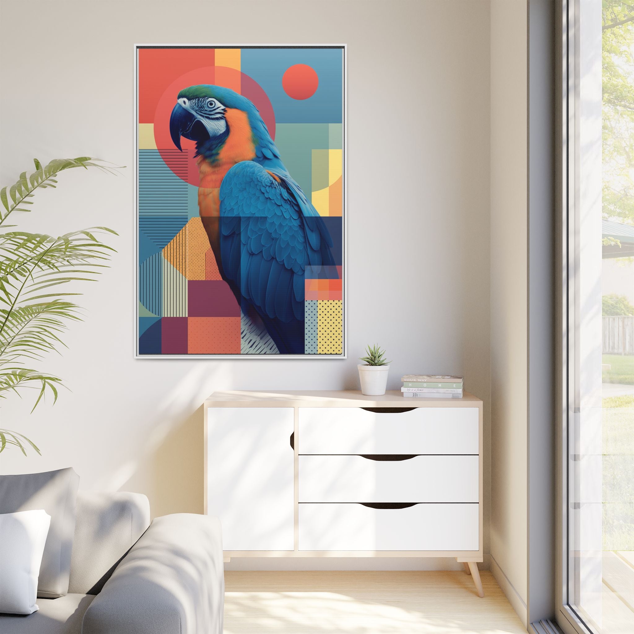 Macaw Geometric Framed Print : Mid-Century Modern Bird Art, Tropical Parrot Print   |  Personalized & Custom Orders Available
