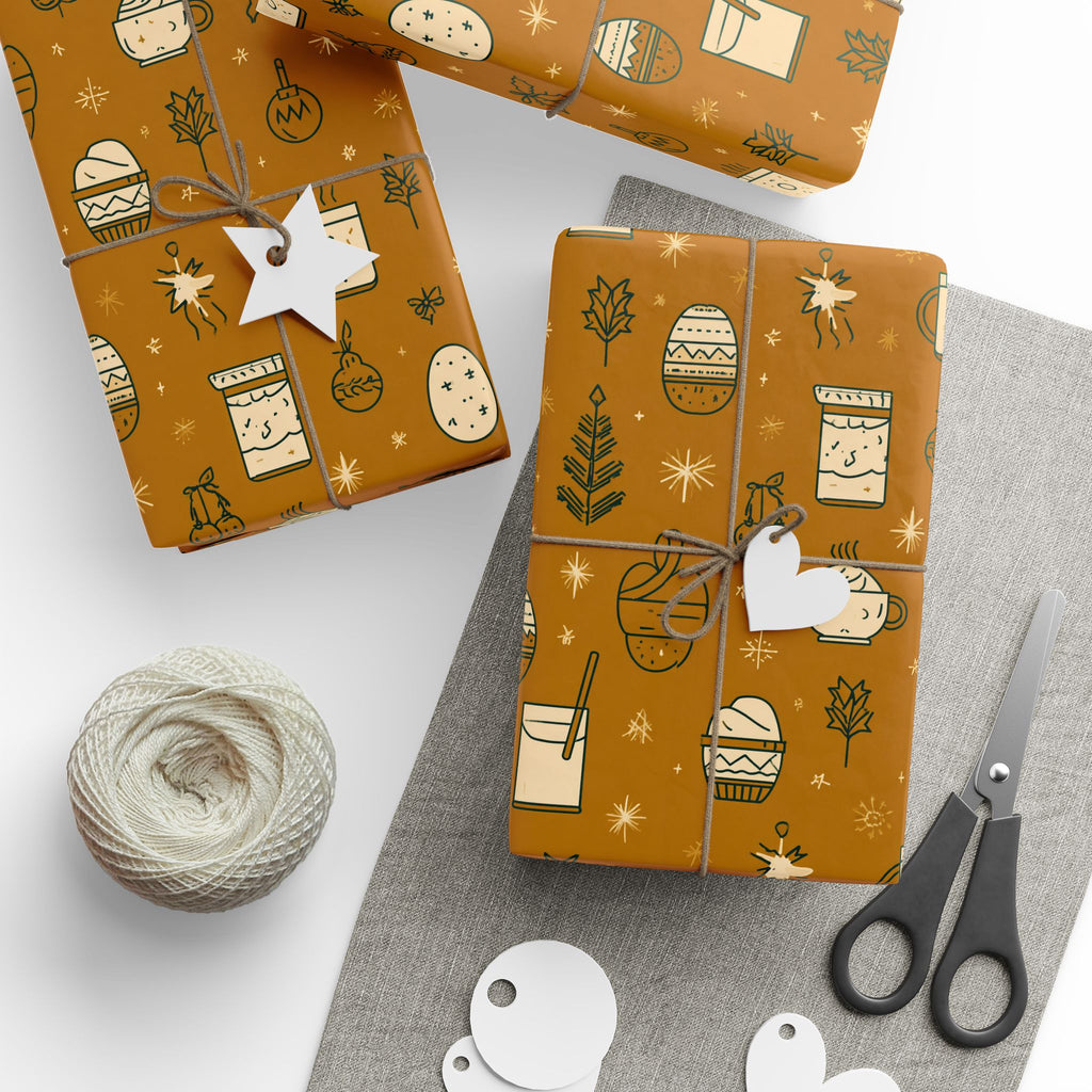 Wrapping Paper Roll — Cozy Brown Holiday Pattern with Mittens & Pine Sprigs