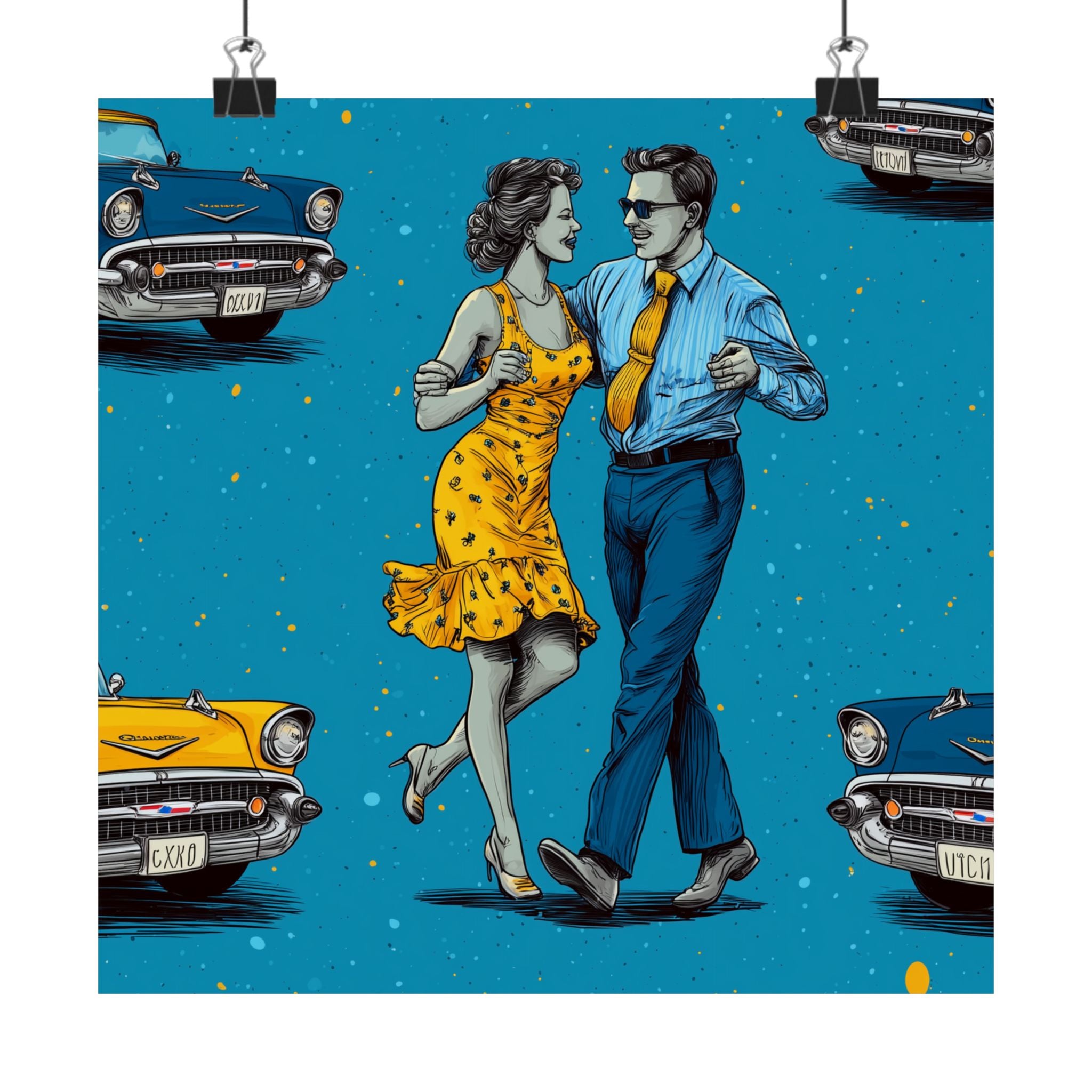 Retro Cuba Cuban Salsa Dance Poster, Vintage Wall Art, 1950s Decor, Blue Car Art, Nostalgic Home Decoration