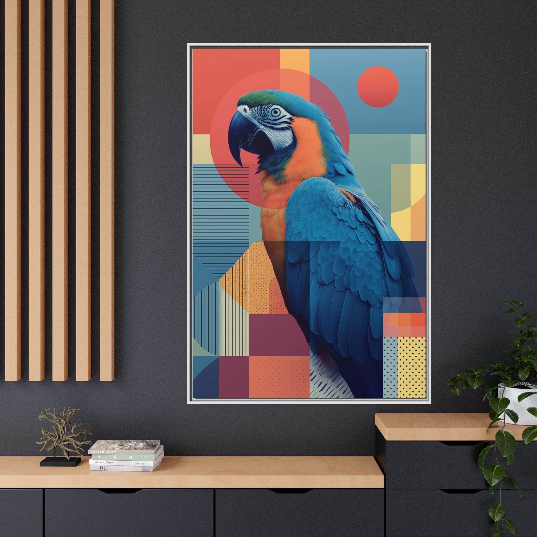 Macaw Geometric Framed Print : Mid-Century Modern Bird Art, Tropical Parrot Print   |  Personalized & Custom Orders Available