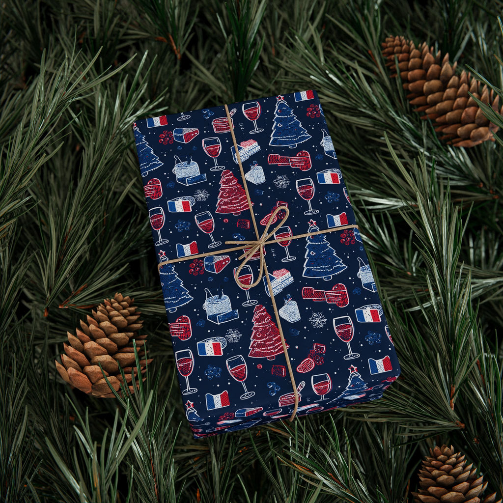 Wrapping Paper Roll French Themed— Festive Cozy Socks & Sweaters Pattern, Navy Holiday Gift Wrap
