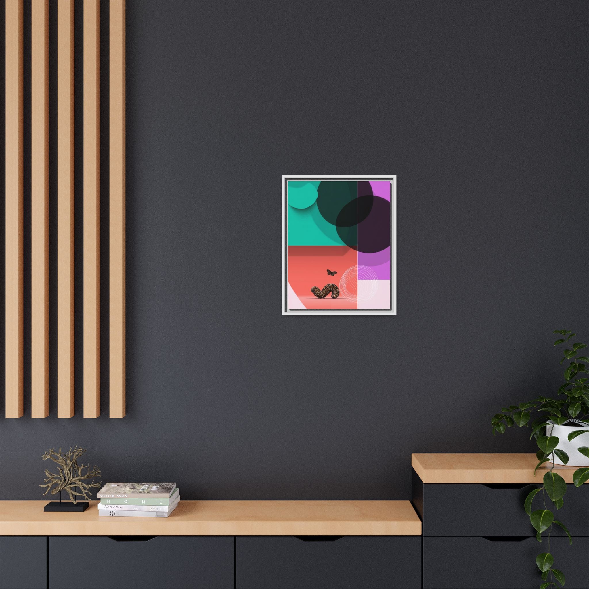 Striped Caterpillar and Butterfly Framed Print , Mid-Century Modern Color Blocks   |  Personalized & Custom Orders Available