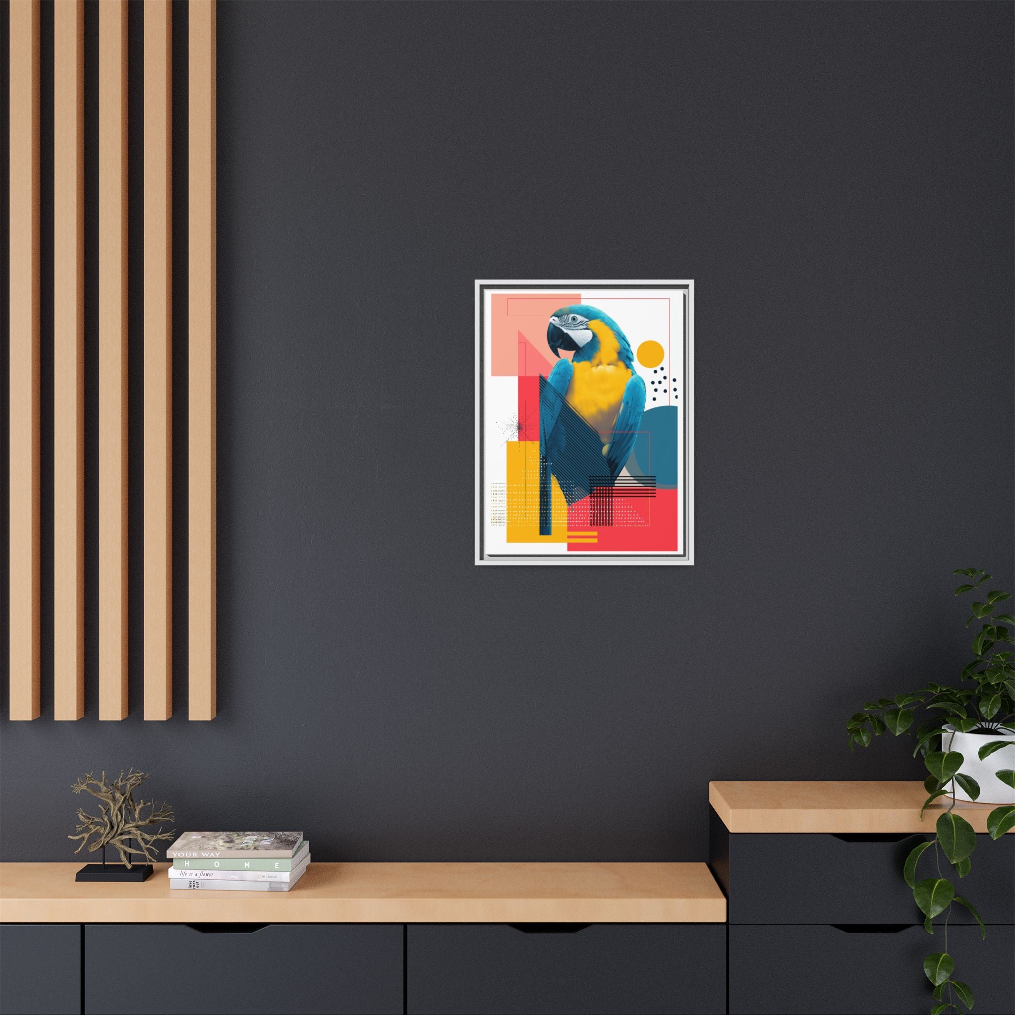Prismatic Parrot Framed Print: Blue and Yellow Macaw in Geometric Space, Digital Art Composition   |  Personalized & Custom Orders Available