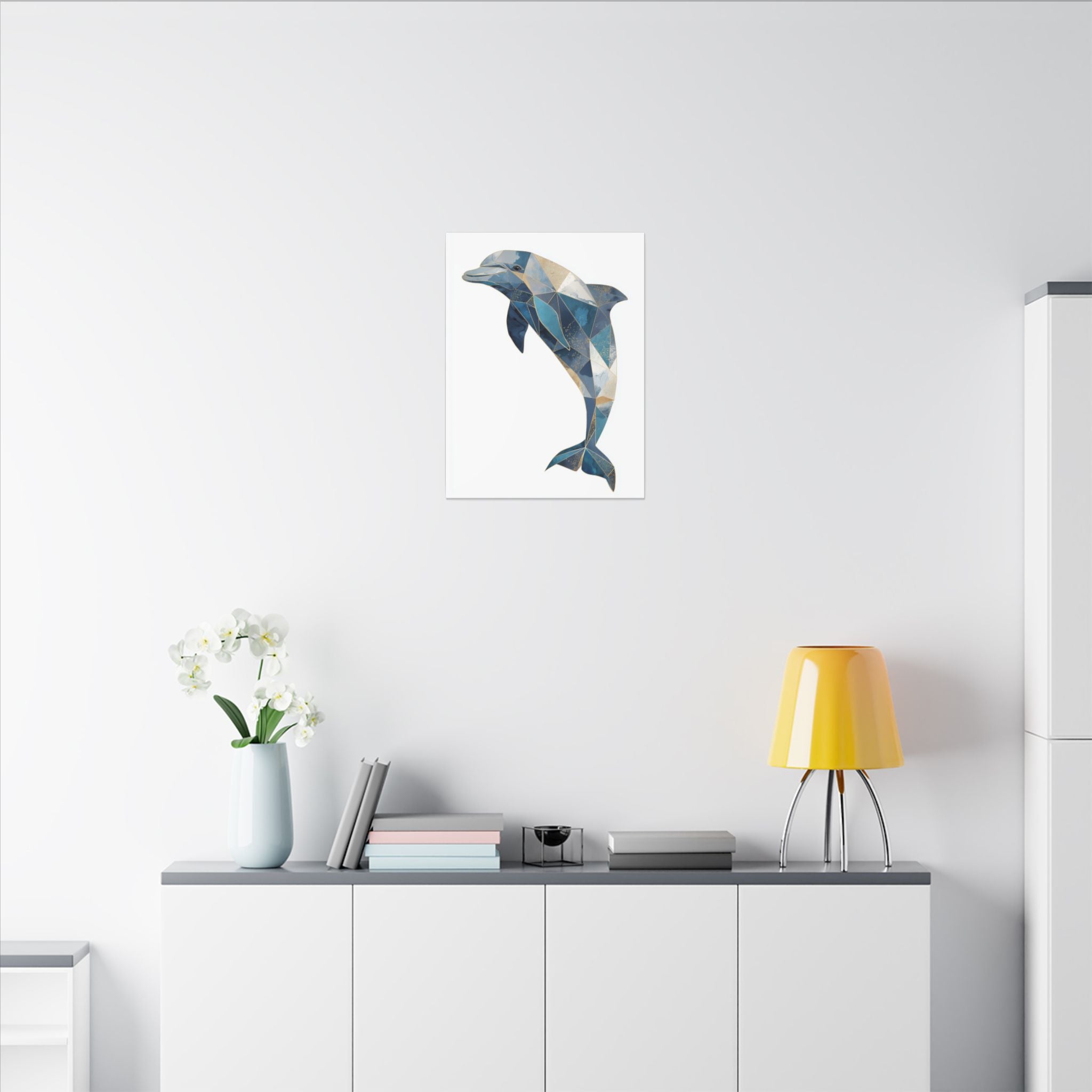 Canvas Print, Geometric Abstract Dolphin Gold Accented Art, High Quality Wall Decor, Nautical Sea Theme, Coastal Home Decor, Ocean Animal