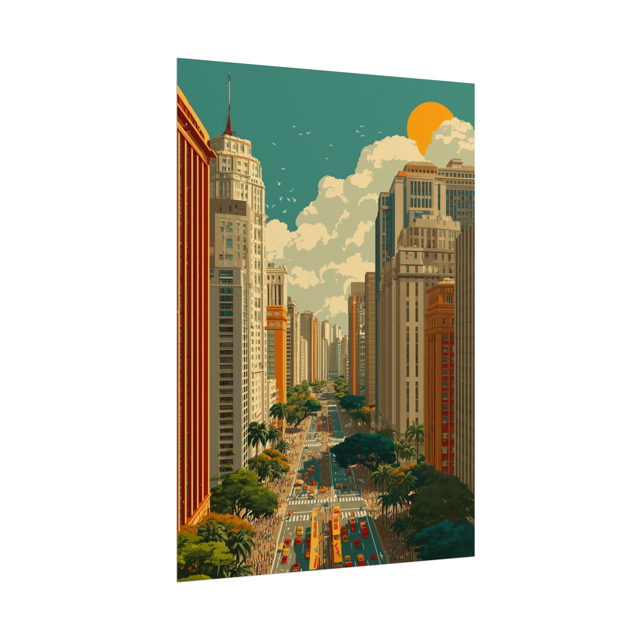 Urban Vibrancy: Retro Sao Paulo Skyline, Mid-Century Modern Cityscape   |    Custom Orders Available