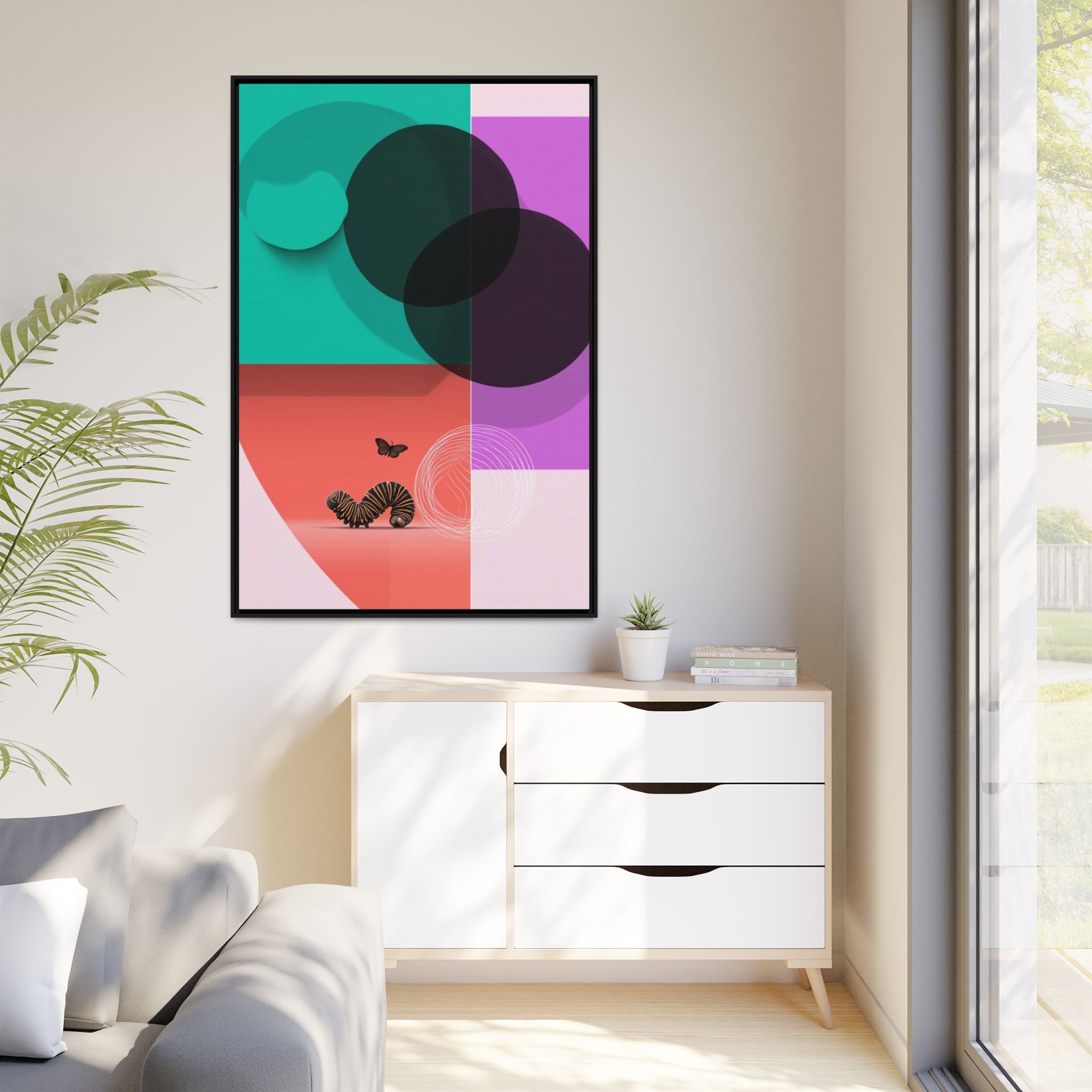 Striped Caterpillar and Butterfly Framed Print , Mid-Century Modern Color Blocks   |  Personalized & Custom Orders Available