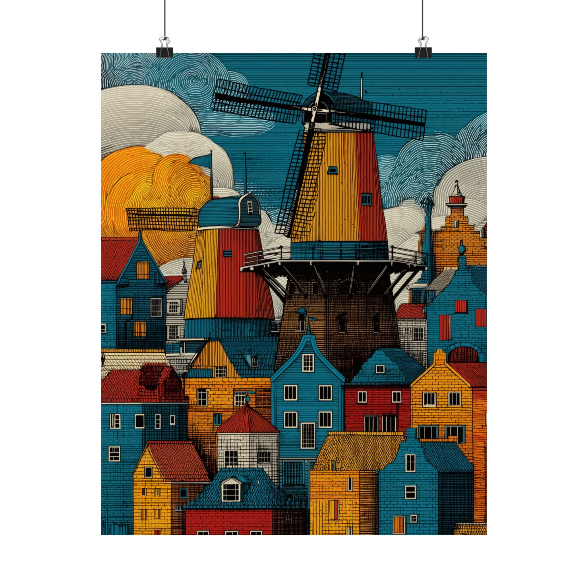 Colorful Windmill Art Print, Home Decor, Vintage Poster, Landscape Wall Art, Gift for Housewarming, Dutch Art Decoration
