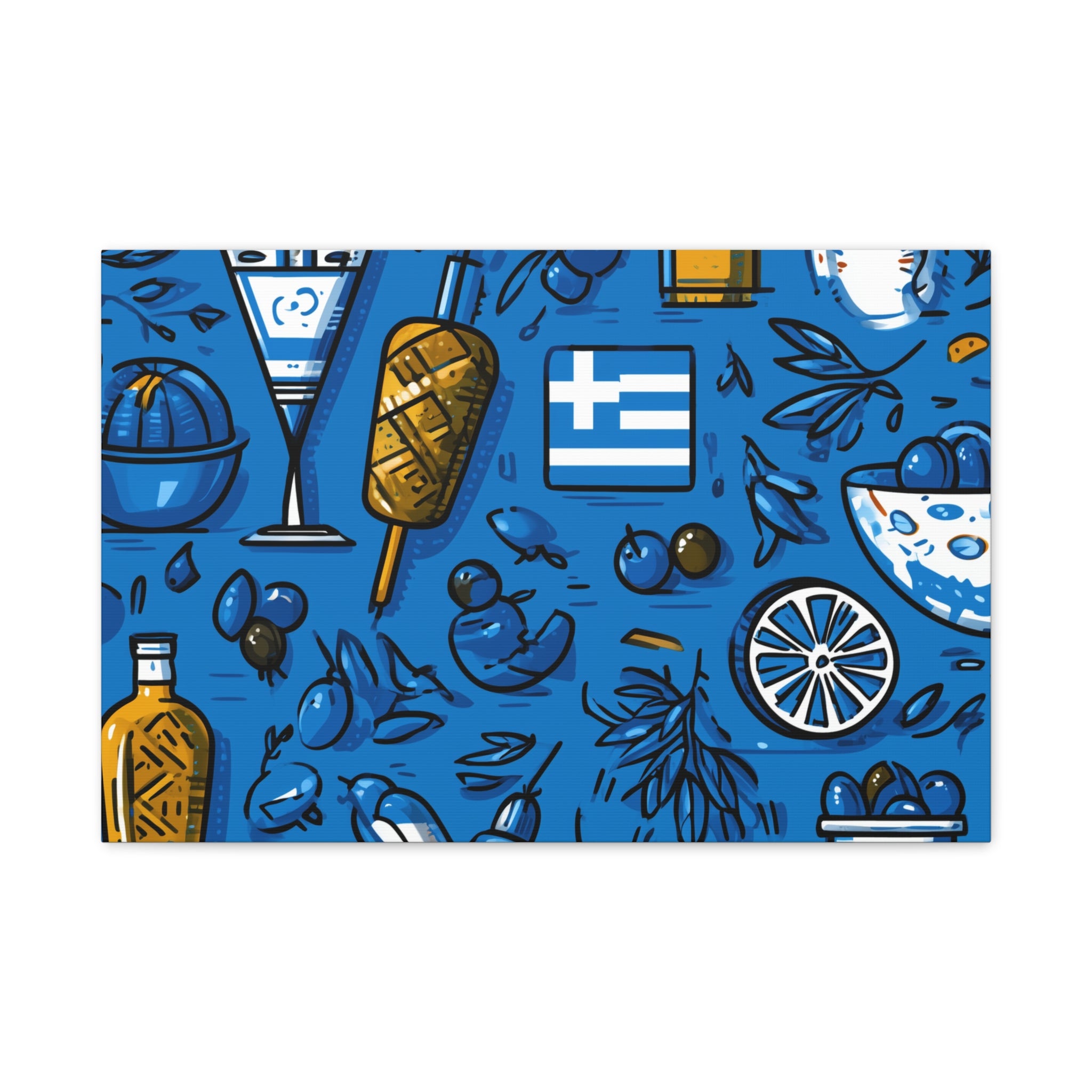 Vibrant Canvas Wall Art, Blue Mediterranean Theme, Kitchen Decor, Greek Party Decor, Olive and Drink Motif
