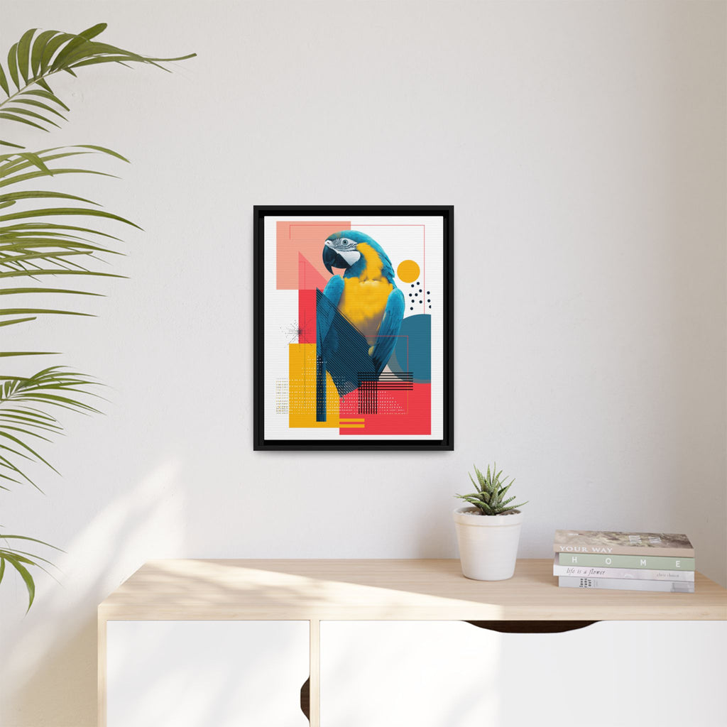 Prismatic Parrot Framed Print: Blue and Yellow Macaw in Geometric Space, Digital Art Composition   |  Personalized & Custom Orders Available