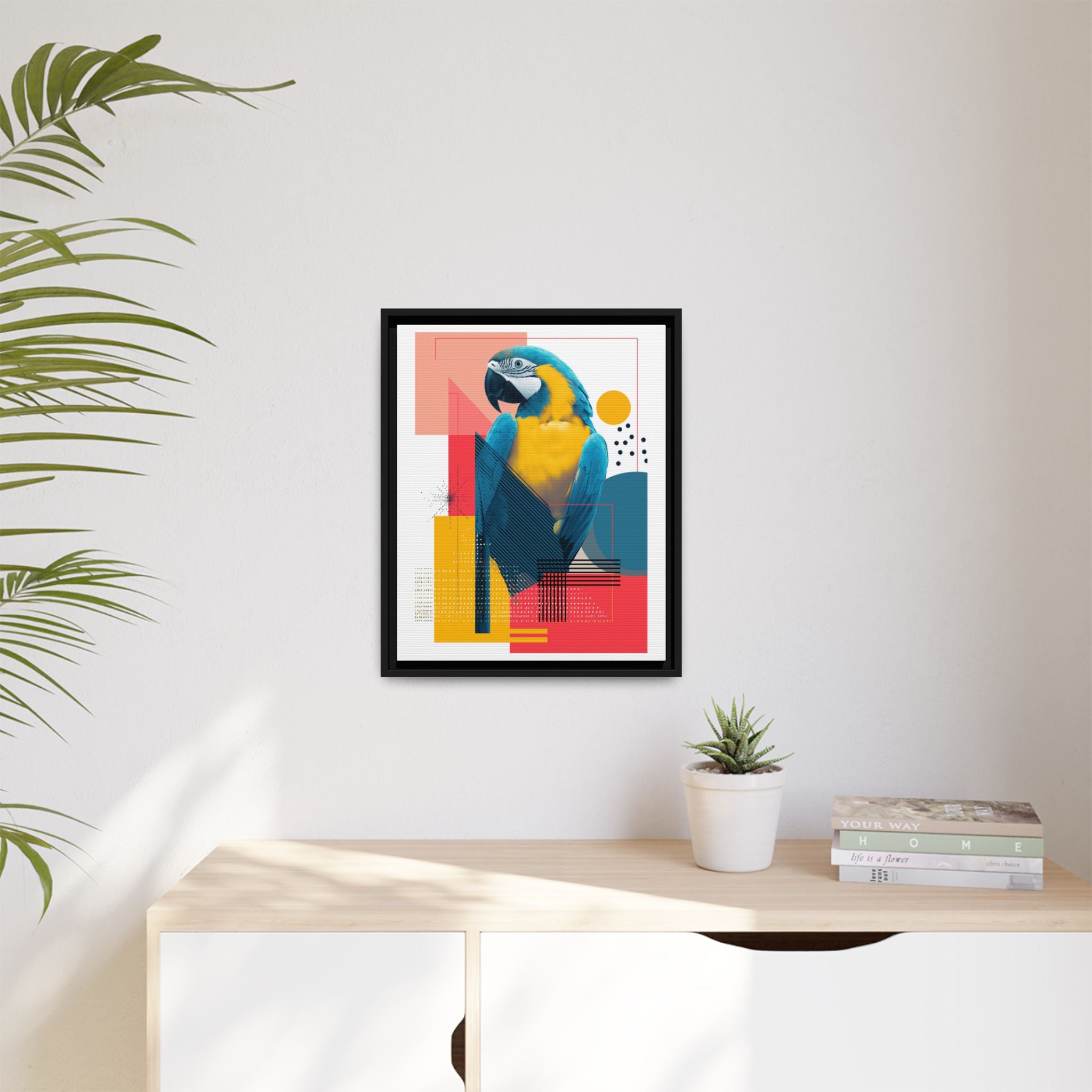 Prismatic Parrot Framed Print: Blue and Yellow Macaw in Geometric Space, Digital Art Composition   |  Personalized & Custom Orders Available