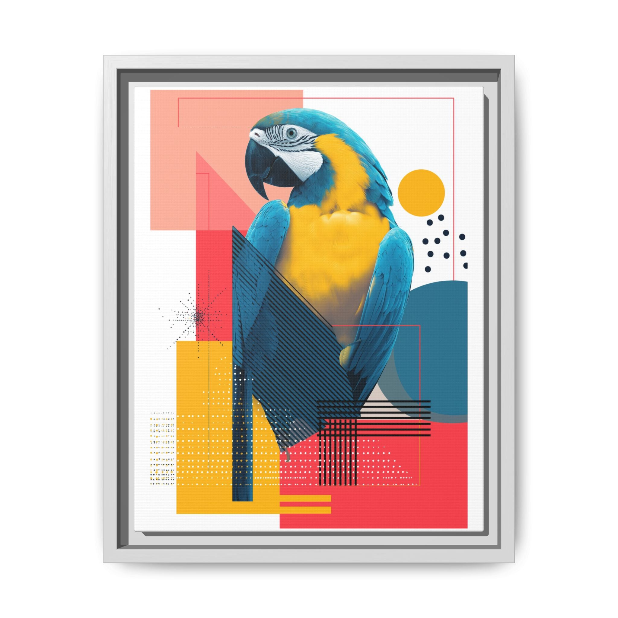 Prismatic Parrot Framed Print: Blue and Yellow Macaw in Geometric Space, Digital Art Composition   |  Personalized & Custom Orders Available