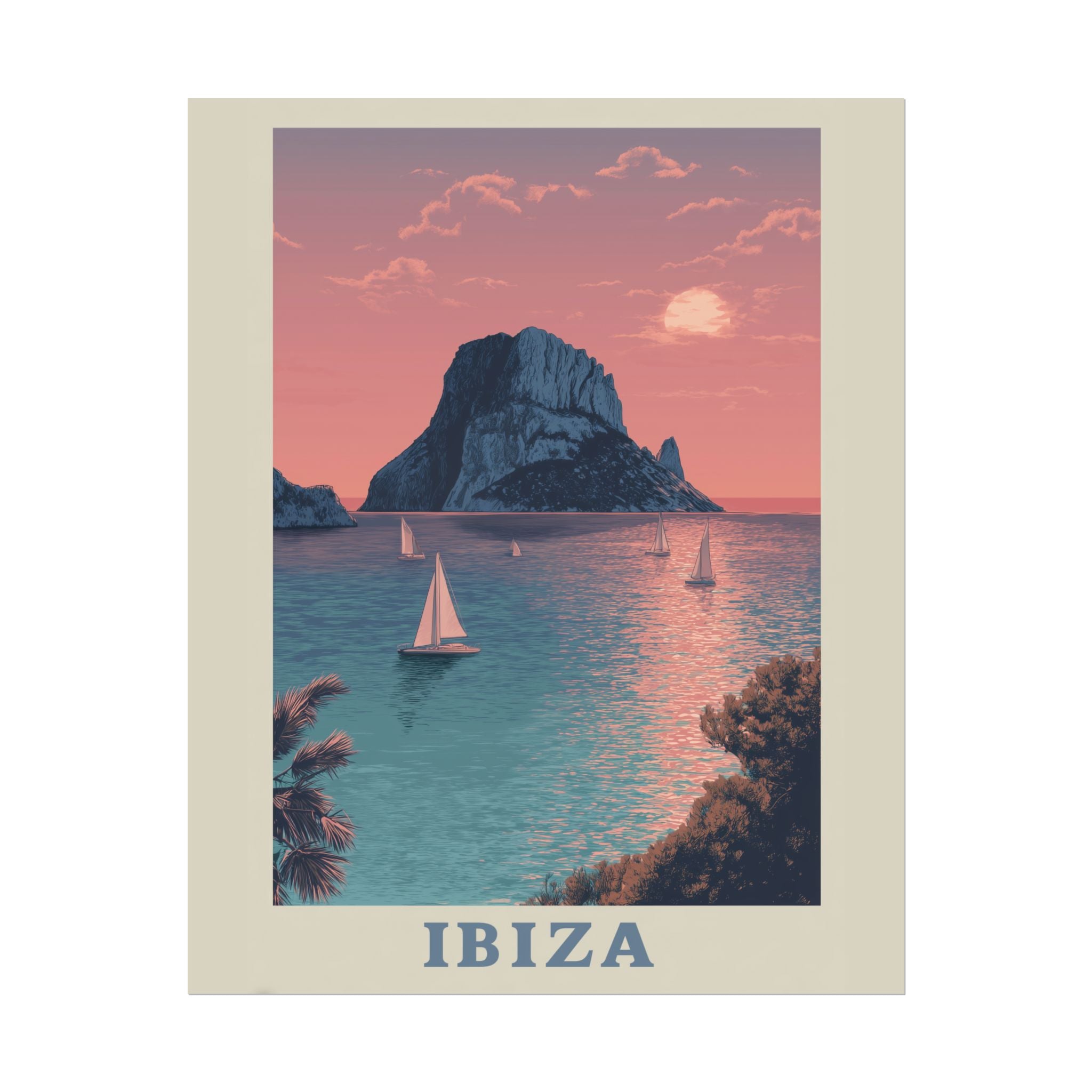 Ibiza Sunset Serenade: Vintage Travel Poster, Mediterranean Coastal Landscape   |    Custom Orders Available