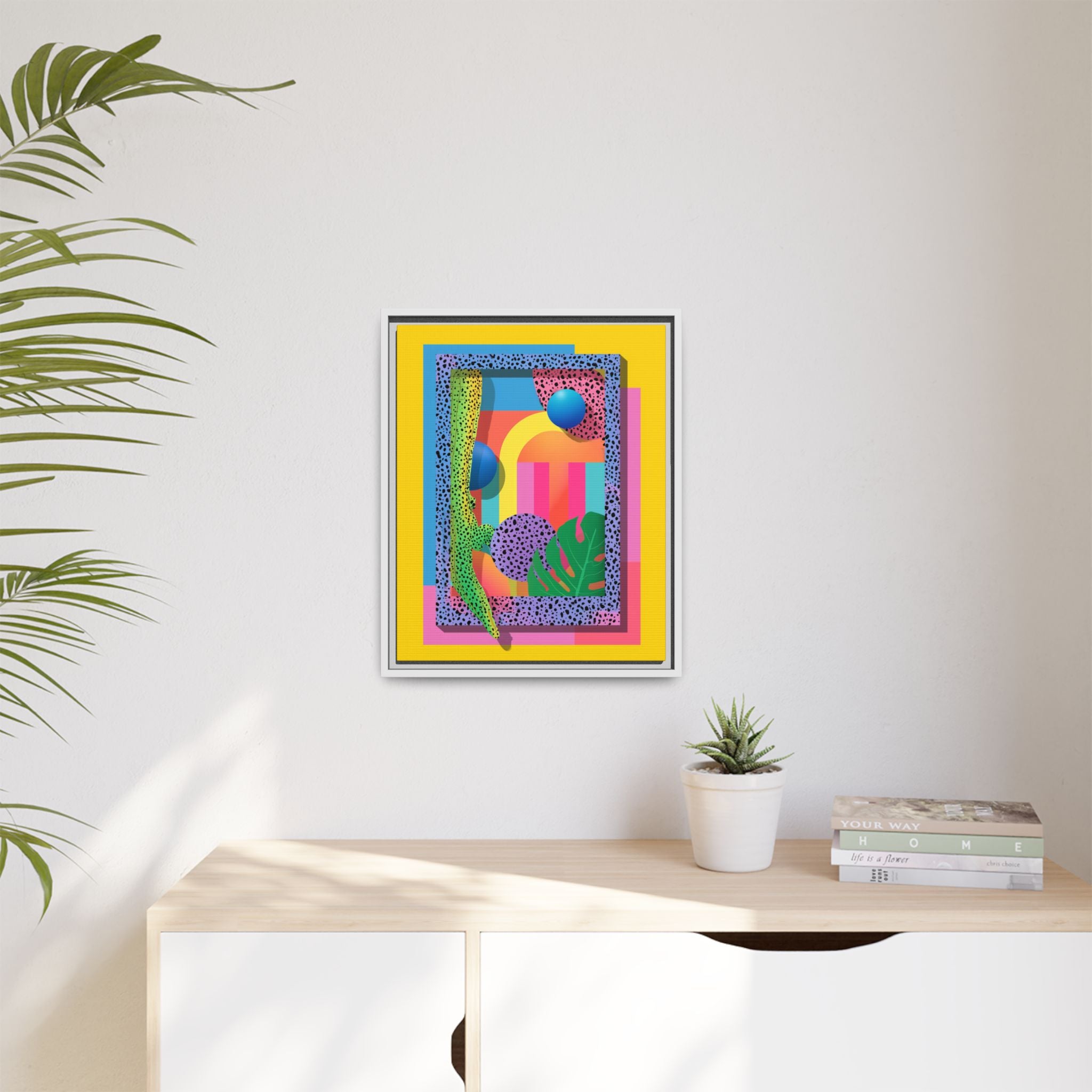 Geometric Rhythms: Abstract Layers of Color, Dimensional Shapes and Tropical Elements, Vibrant Modern Art Composition   |   Custom Orders