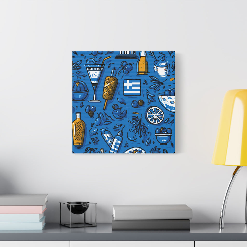 Vibrant Canvas Wall Art, Blue Mediterranean Theme, Kitchen Decor, Greek Party Decor, Olive and Drink Motif