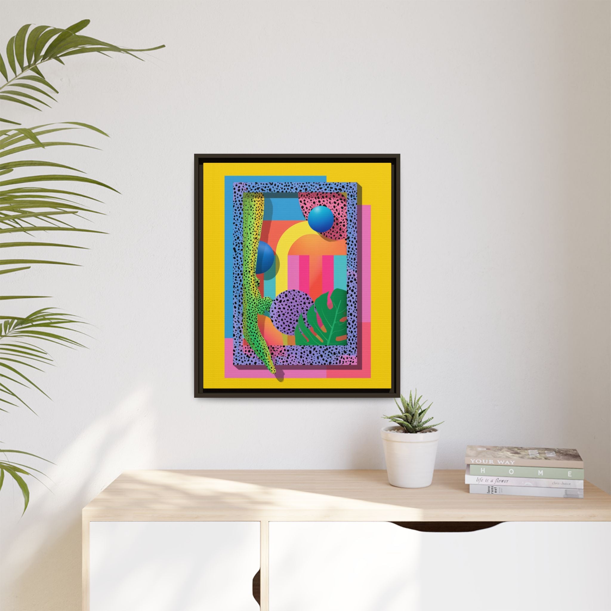 Geometric Rhythms: Abstract Layers of Color, Dimensional Shapes and Tropical Elements, Vibrant Modern Art Composition   |   Custom Orders