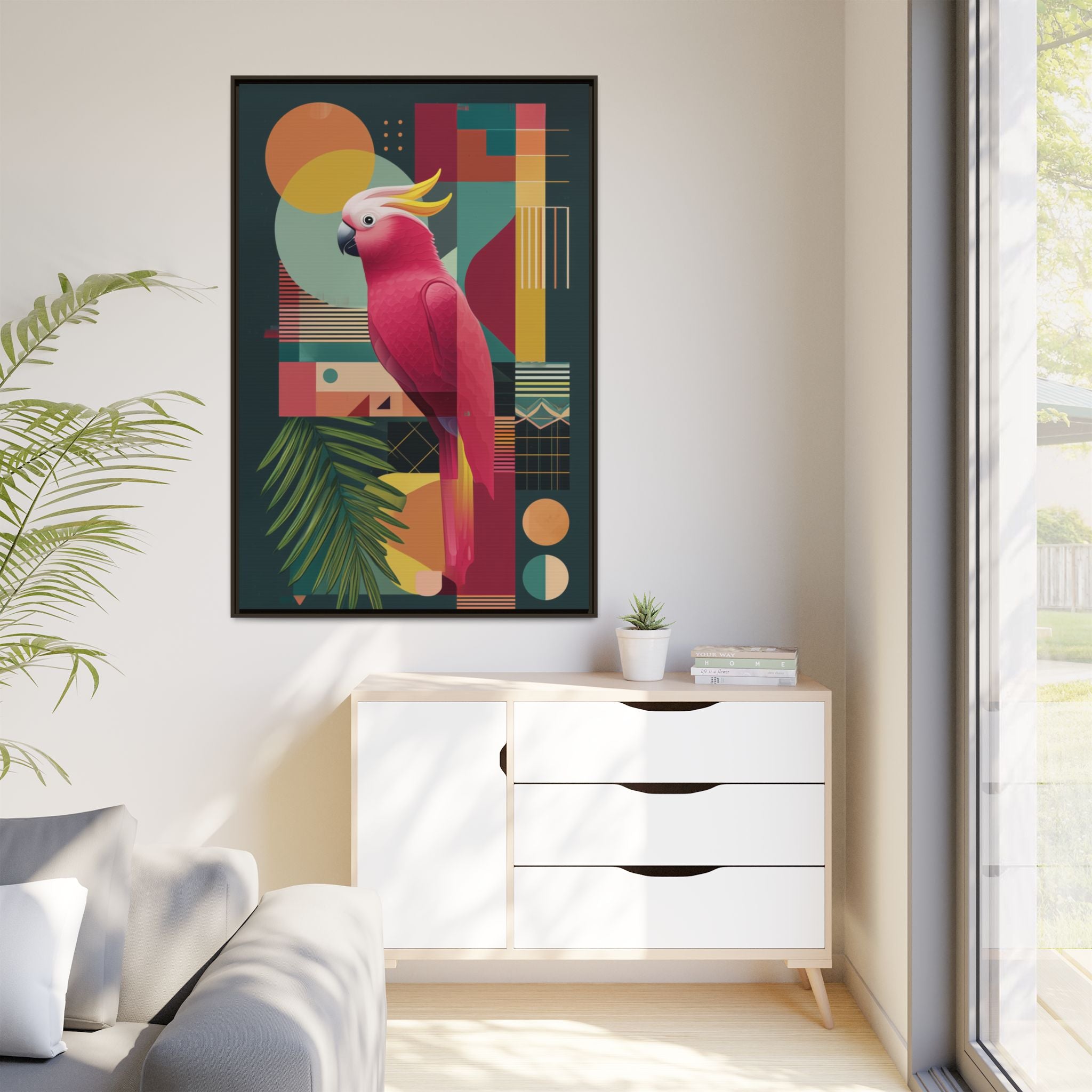Cockatoo in Geometric Bloom: Mid-Century Modern Art, Tropical Abstract Design   |    Custom Orders Available