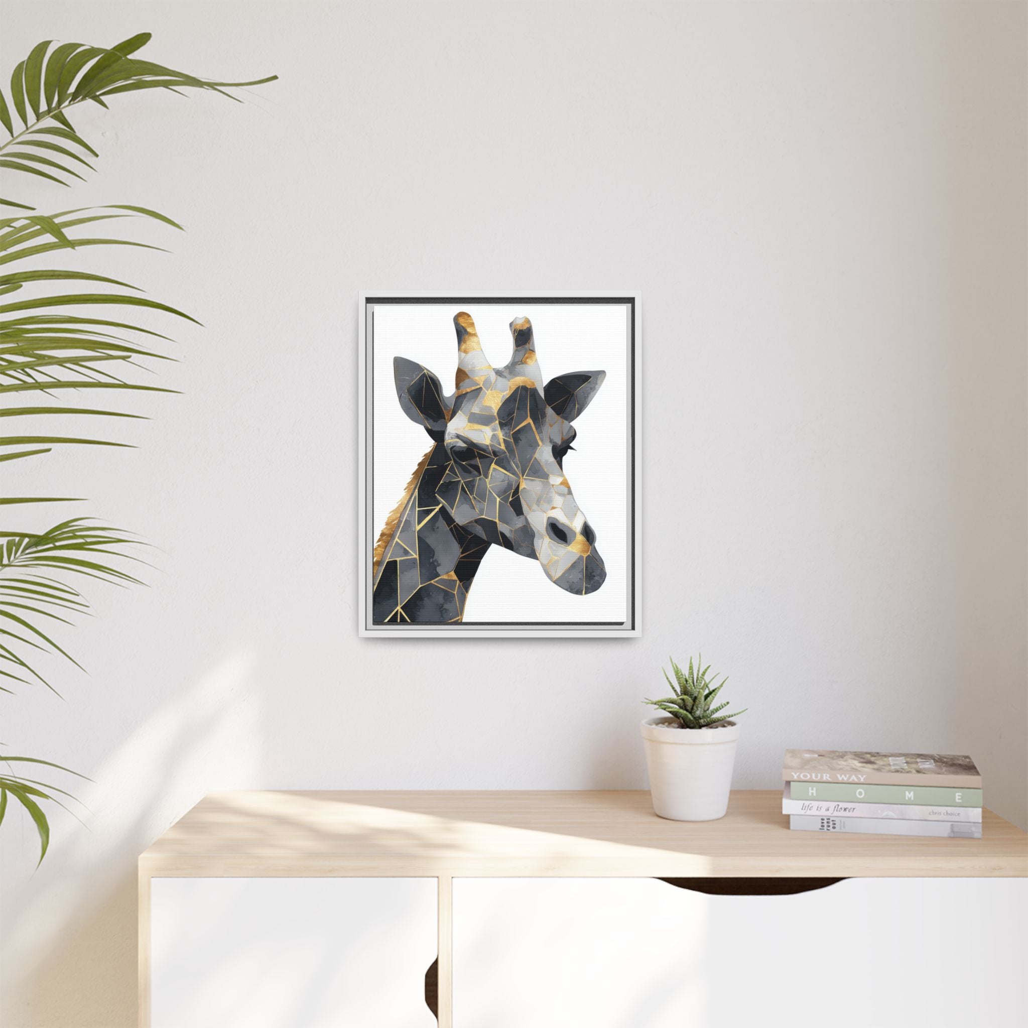 Geometric Giraffe Mosaic Framed Print : Contemporary Cubist Animal Portrait, Metallic Gold Angular Design   |   Custom Orders Available