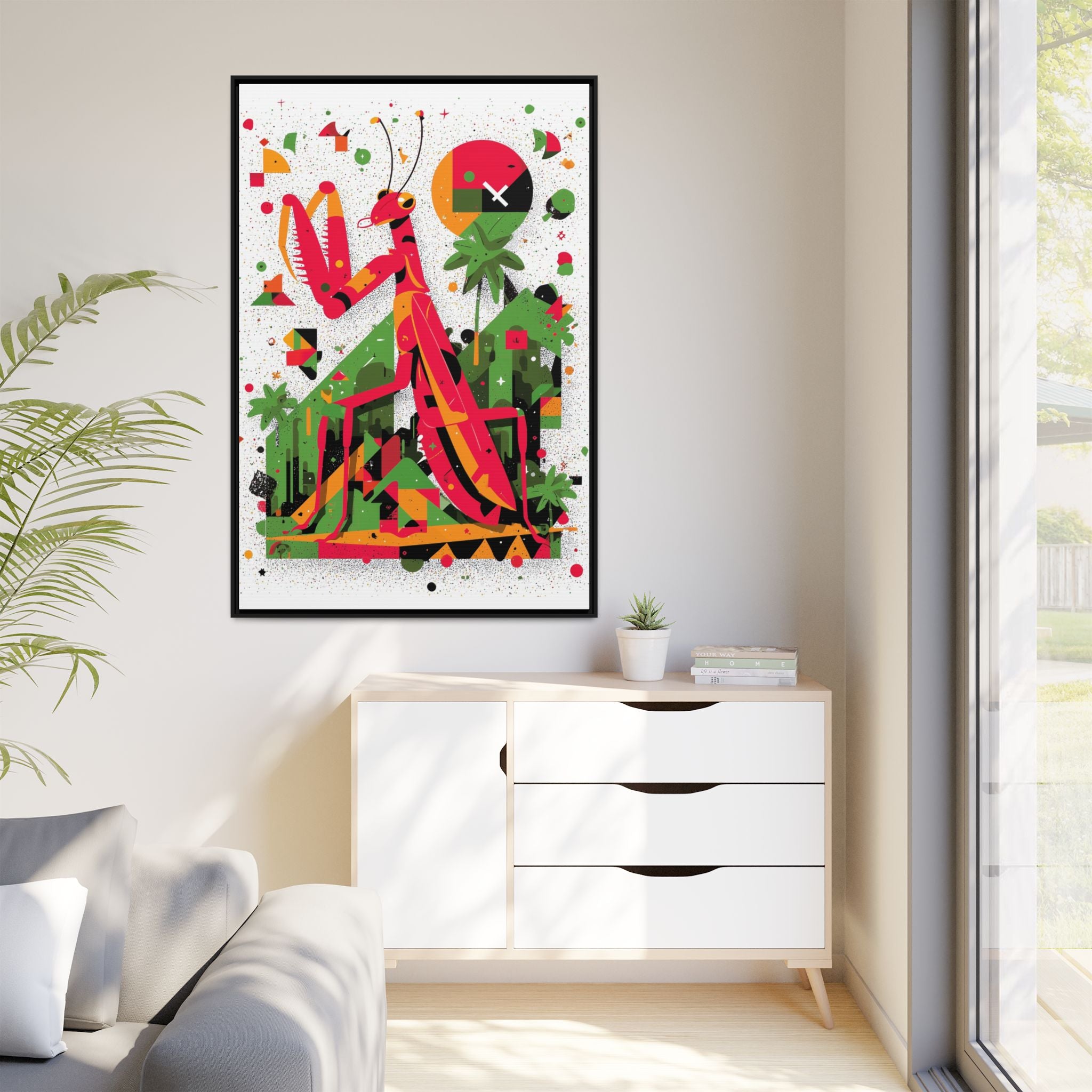 Praying Mantis in Bloom: Geometric Insect Portrait, Abstract Digital Illustration   |    Custom Orders Available