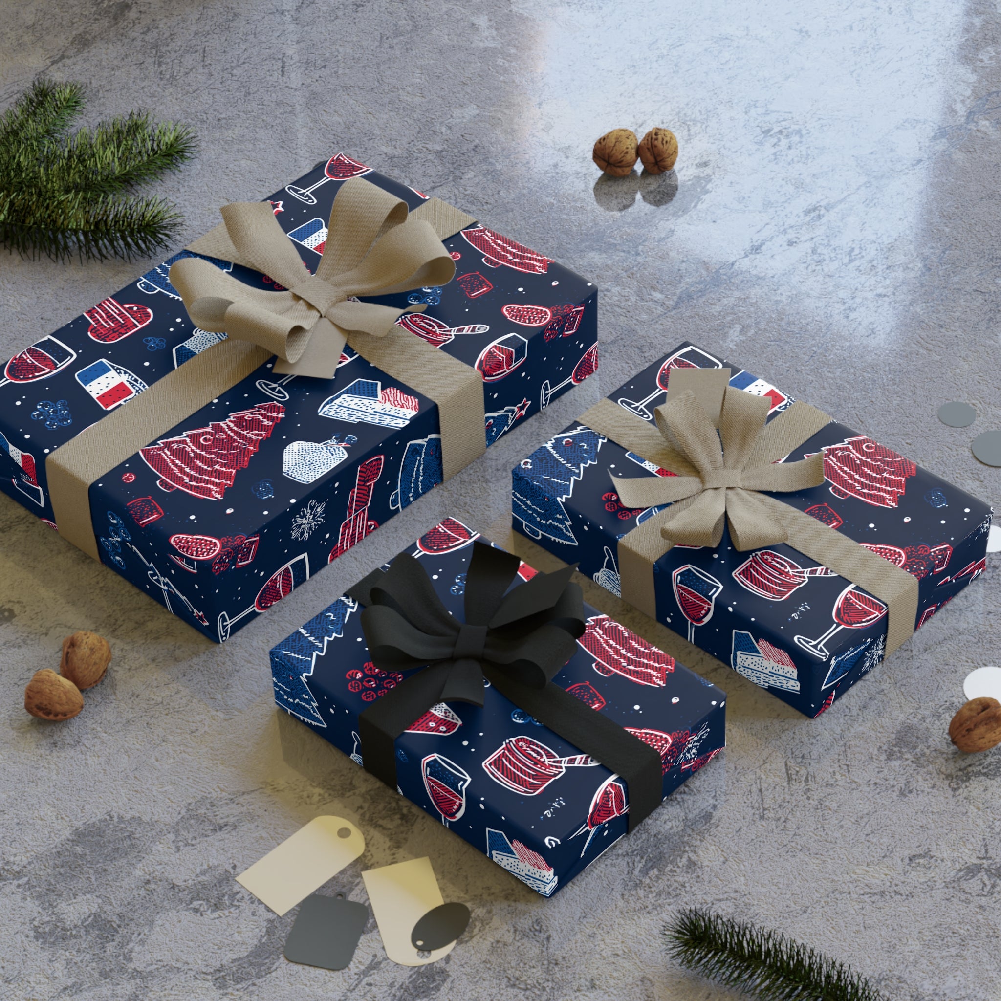 Wrapping Paper Rolls, French Themed Christmas Gift Wrap, Wine and Cheese Design, Holiday Wrap, Christmas Present Wrap, Holiday Paper, French