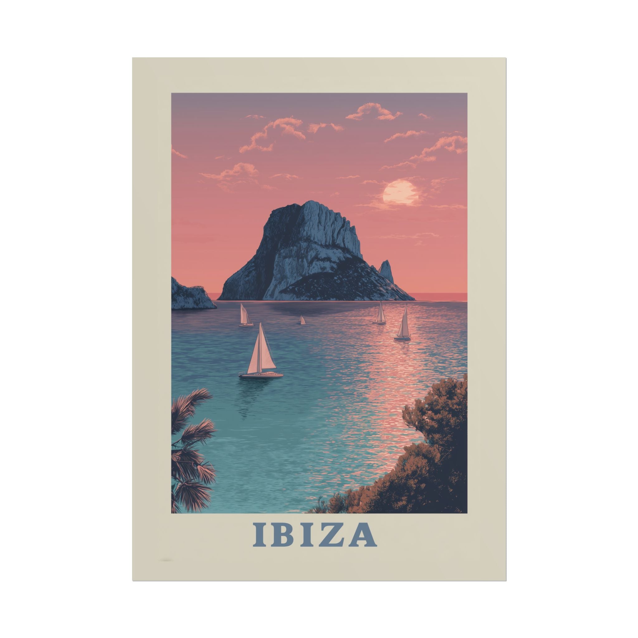 Ibiza Sunset Serenade: Vintage Travel Poster, Mediterranean Coastal Landscape   |    Custom Orders Available