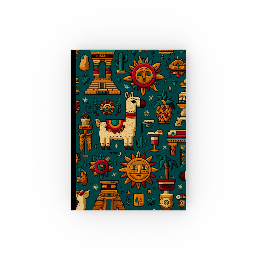 Fiesta of the Sun: Southwestern Aztec Pattern Art, Flat Cartoon Mesoamerican Design, Vibrant Cultural Illustration with Llamas and Pyramids