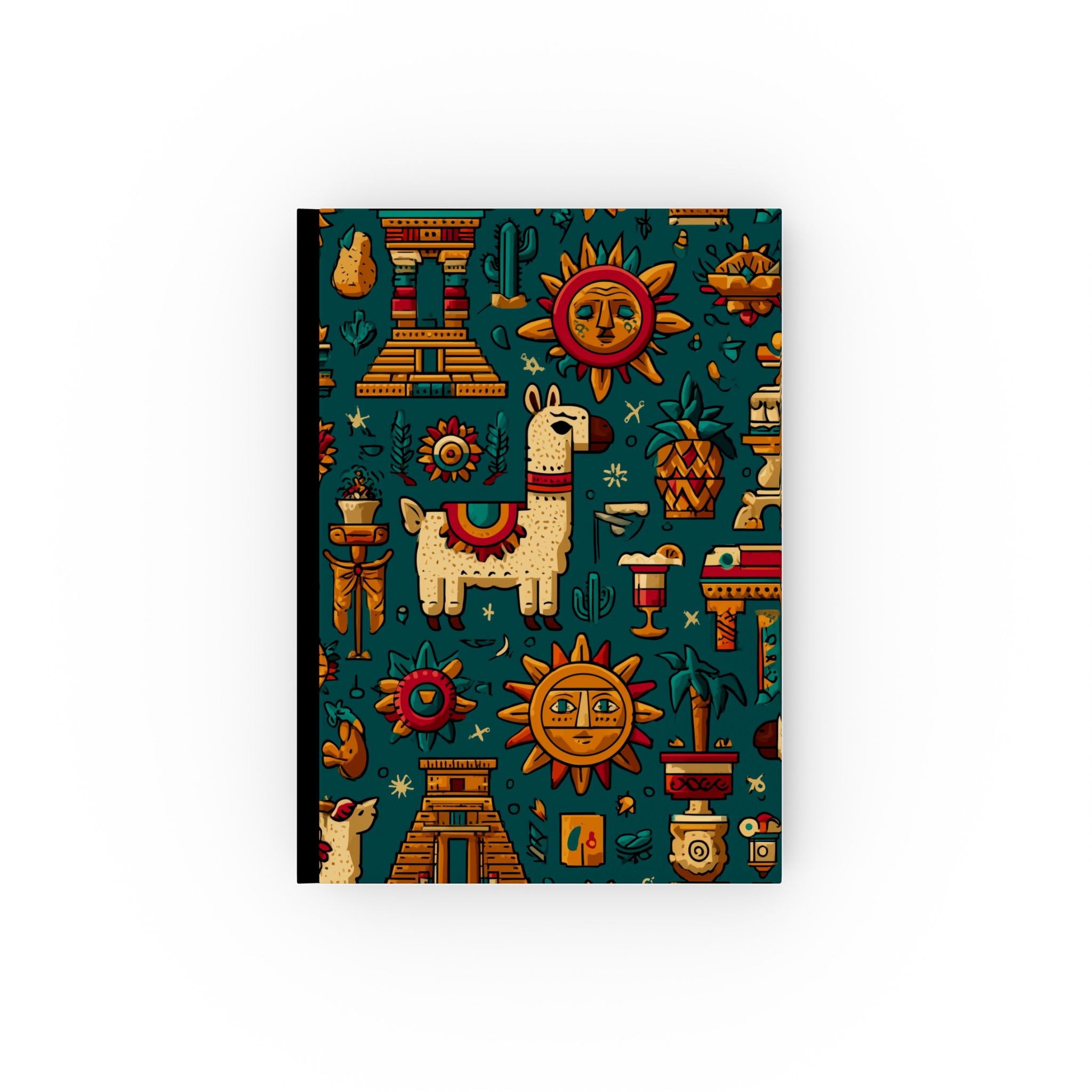Fiesta of the Sun: Southwestern Aztec Pattern Art, Flat Cartoon Mesoamerican Design, Vibrant Cultural Illustration with Llamas and Pyramids