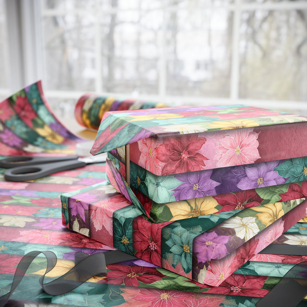 Floral Poinsettia Wrapping Paper — Festive Multicolor Holiday Gift Wrap Roll