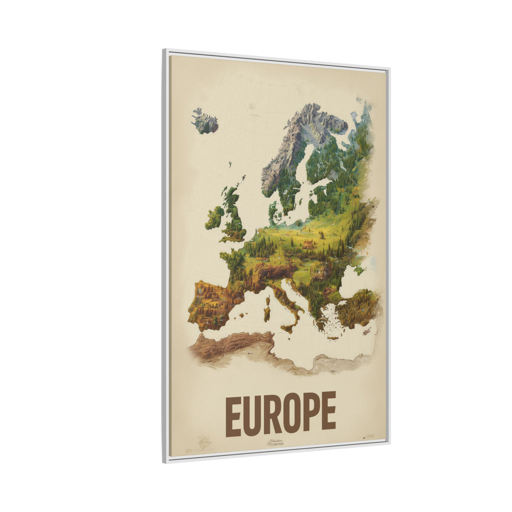 Framed Europe Map Canvas Print — Vintage Landscape Style Wall Art