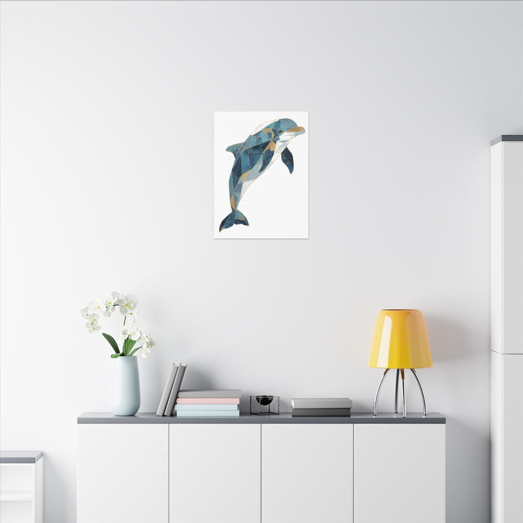 Canvas Print, Geometric Abstract Dolphin Gold Accented Wall Art, High Quality, Stretched, Multi-Size, Home Decor, Office Decor, Gift Idea,