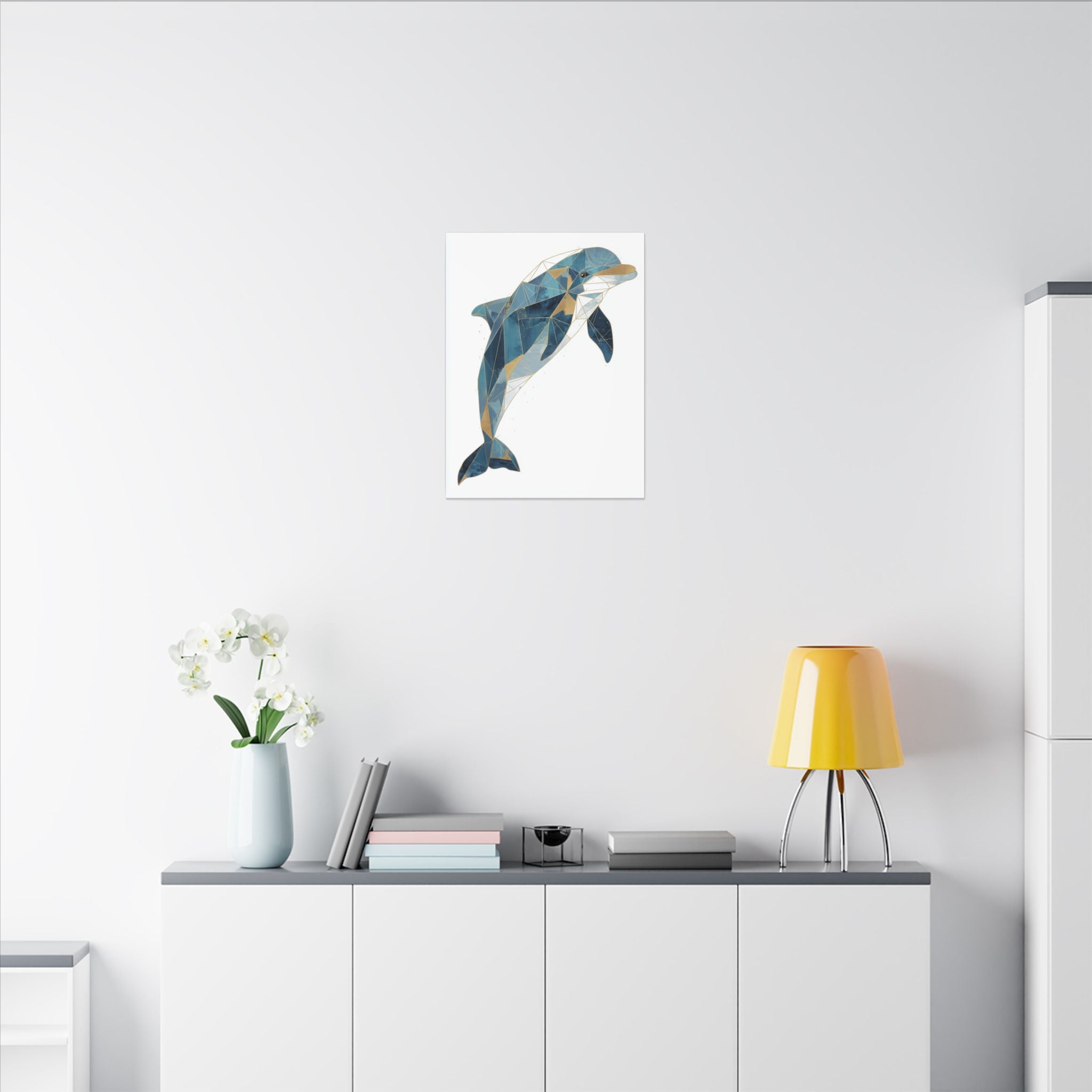 Canvas Print, Geometric Abstract Dolphin Gold Accented Wall Art, High Quality, Stretched, Multi-Size, Home Decor, Office Decor, Gift Idea,