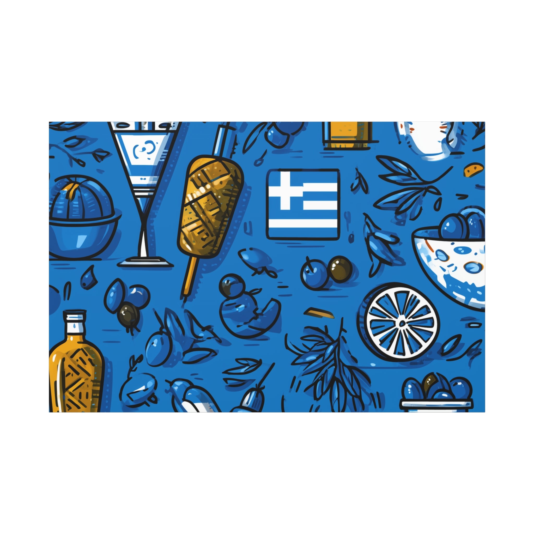Vibrant Canvas Wall Art, Blue Mediterranean Theme, Kitchen Decor, Greek Party Decor, Olive and Drink Motif