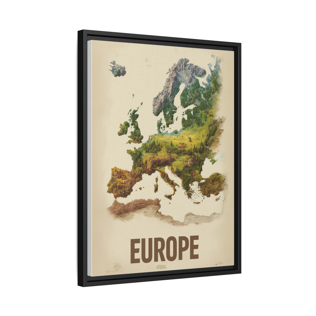 Framed Europe Map Canvas Print — Vintage Landscape Style Wall Art