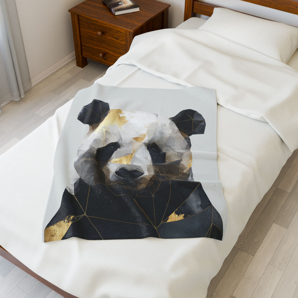 Velveteen Plush Blanket Geometric Panda Blanket: Modern Animal Art, Metallic Gold Design   |  Personalized & Custom Orders Available