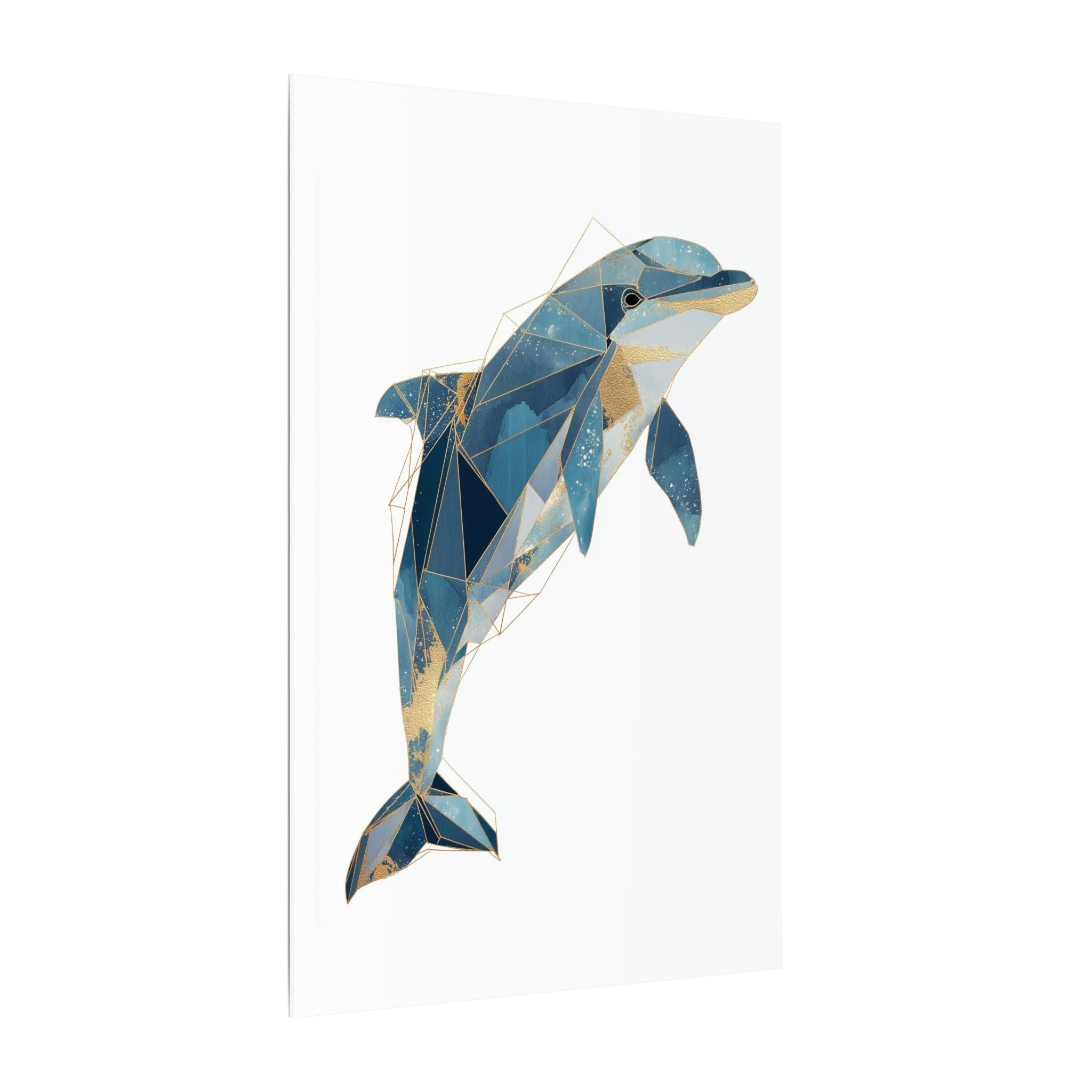 Celestial Dolphin: Geometric Marine Art, Low-Poly Oceanic Design, Blue and Gold Abstraction   |  Personalized & Custom Orders Available