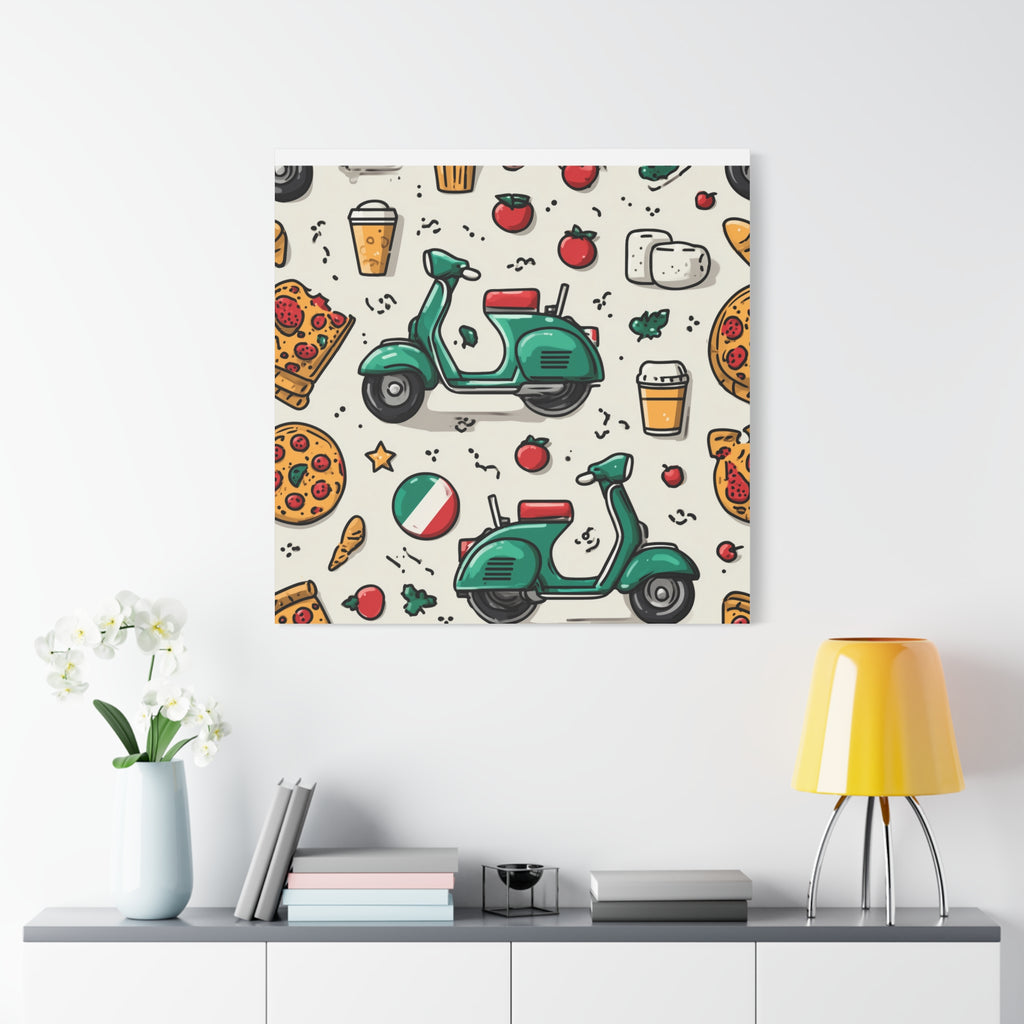 Vibrant Travel Nostalgia Canvas Art, Scooter Decor, Foodie Wall Art, Fun Home Decor, Gift for Adventurers, Kitchen Wall Hanging