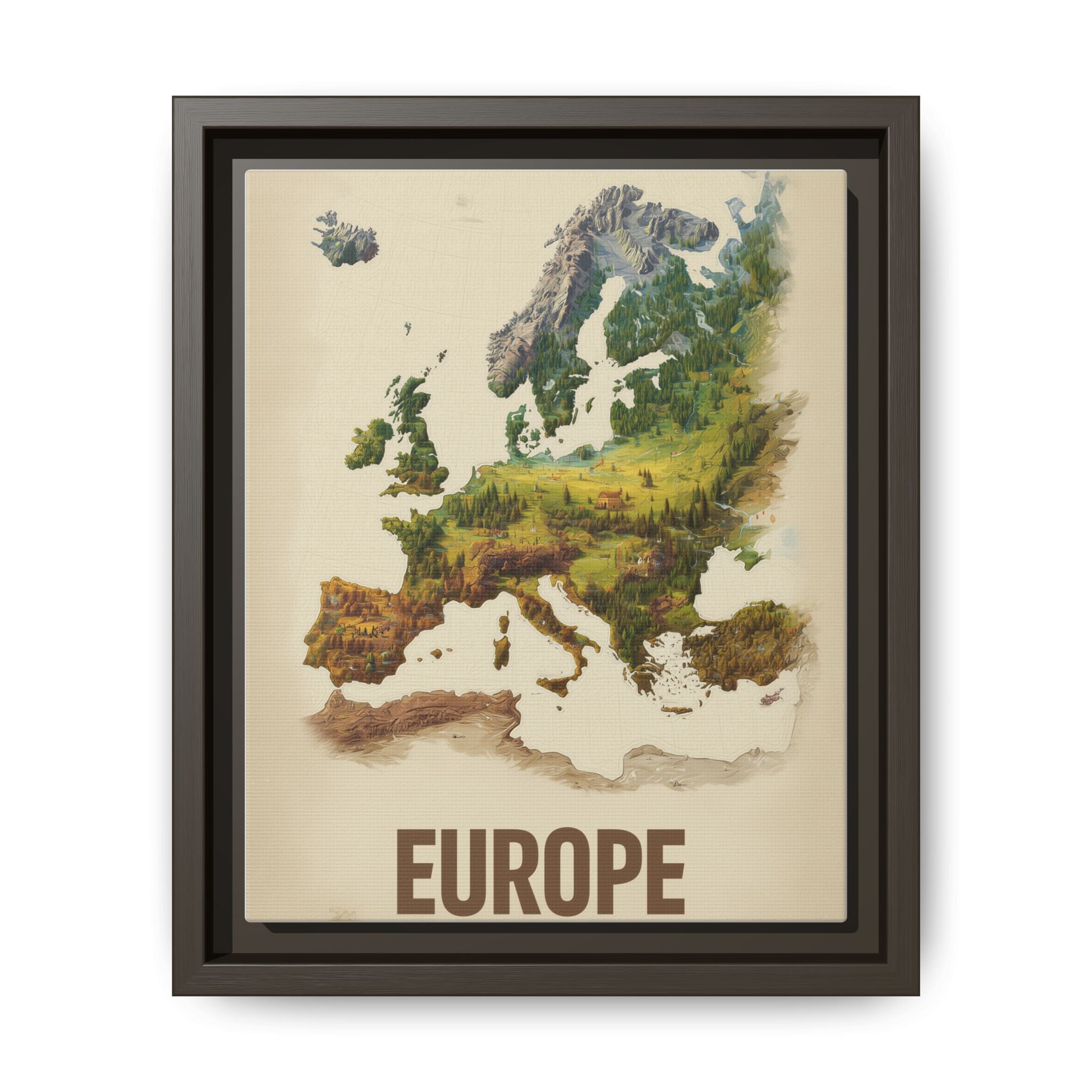 Framed Europe Map Canvas Print — Vintage Landscape Style Wall Art