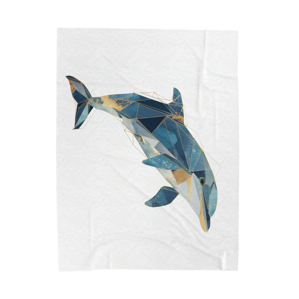 Velveteen Plush Blanket, Blue and Gold Geometric Dolphin Blanket, Ocean Theme, Gold Accent, Home Decor, Cozy Throw, Nautical Blanket, Gift