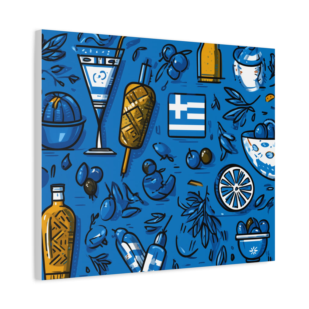 Vibrant Canvas Wall Art, Blue Mediterranean Theme, Kitchen Decor, Greek Party Decor, Olive and Drink Motif