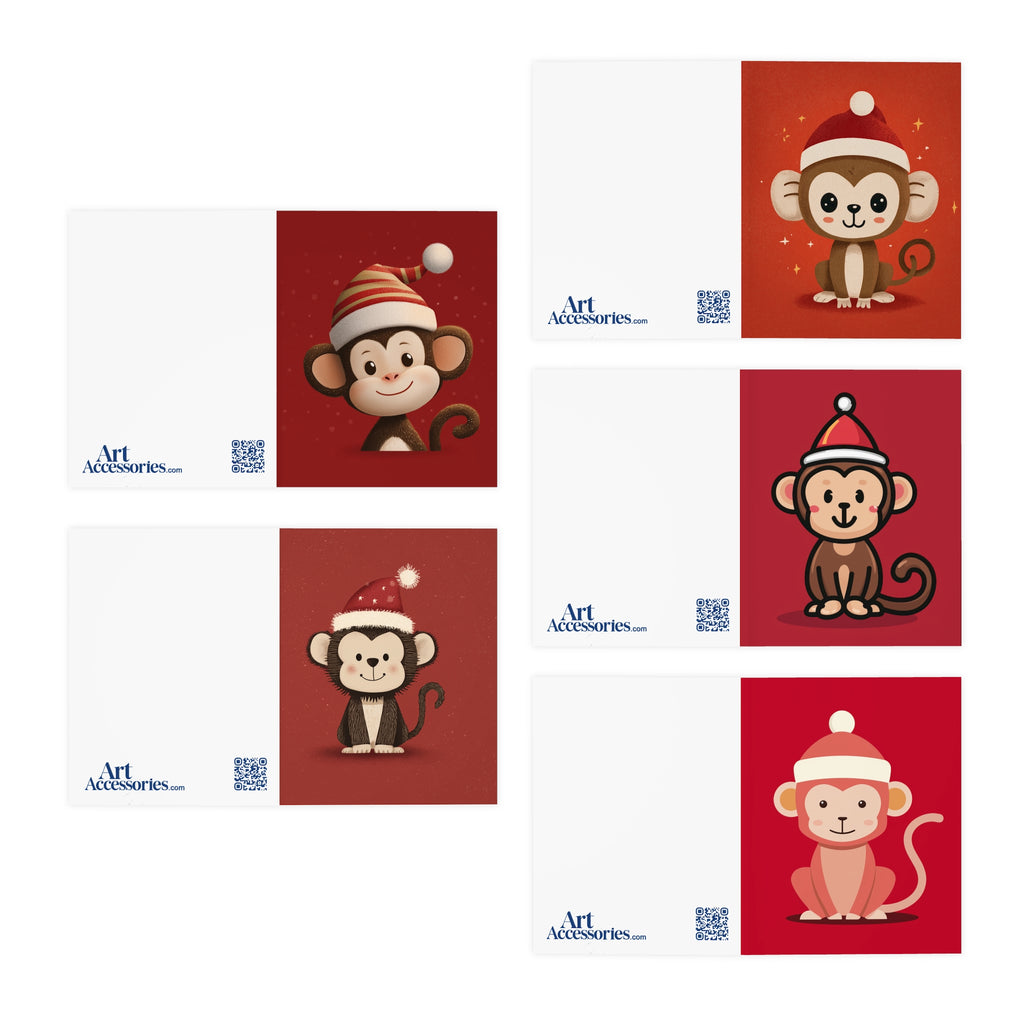 Cheerful Holiday Greeting Cards, Cute Monkey Cards for Christmas, 5 pack