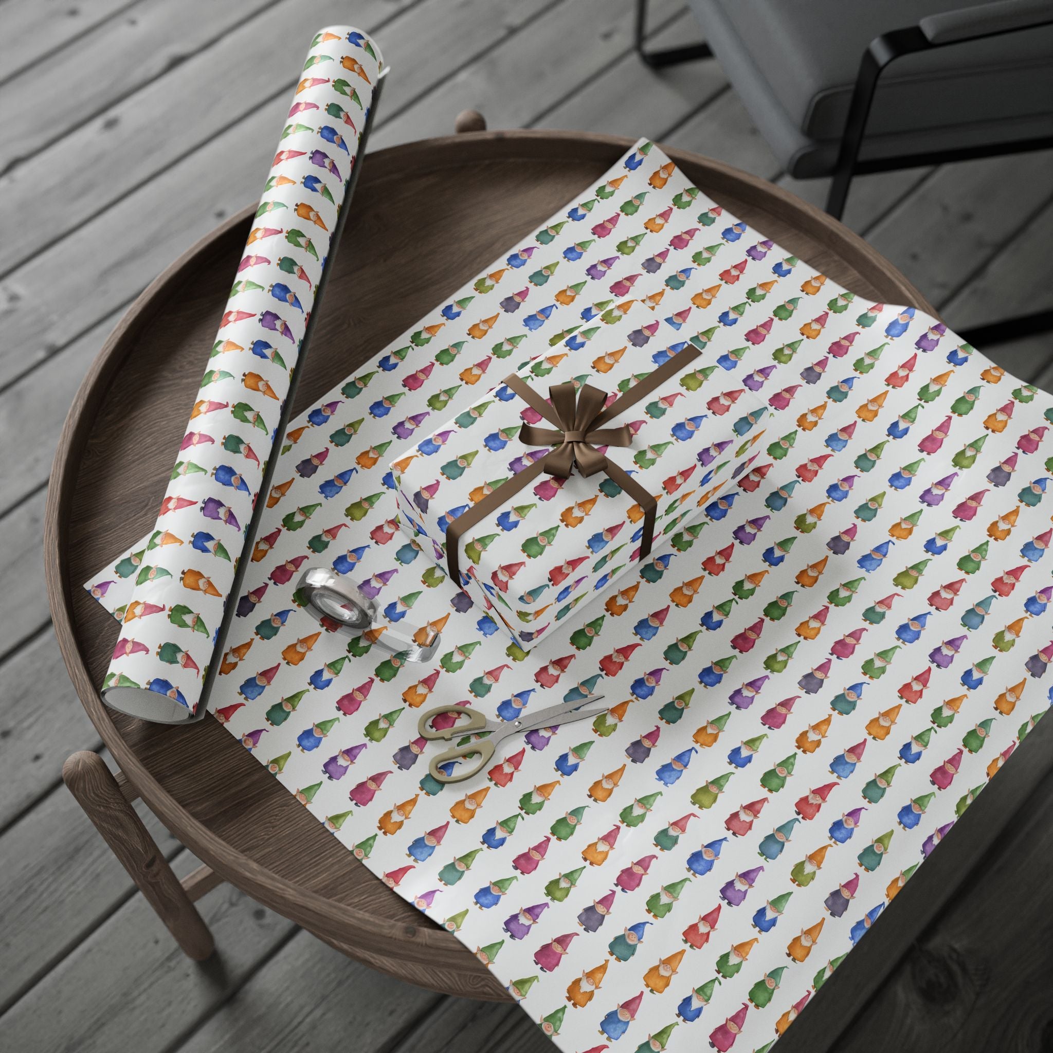 Gnome Pattern Wrapping Paper Roll – Colorful Scandinavian Gnomes Holiday Gift Wrap