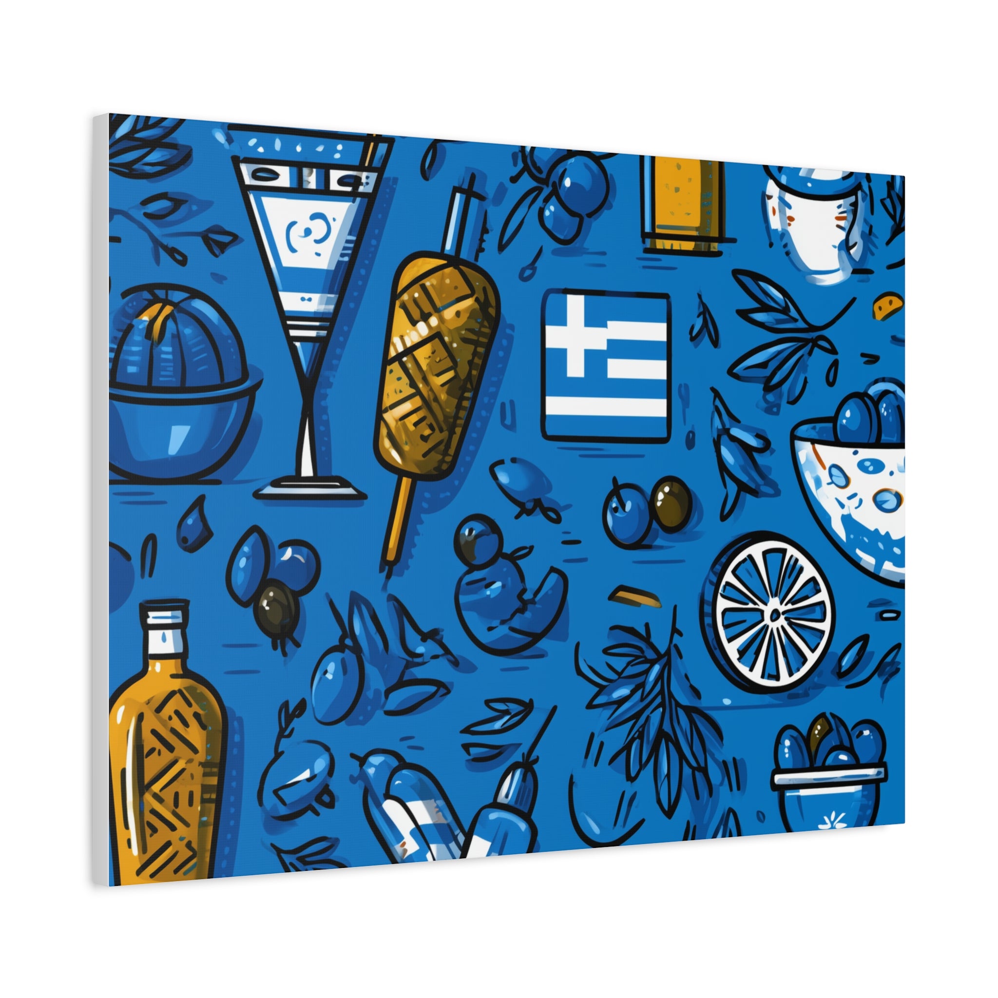 Vibrant Canvas Wall Art, Blue Mediterranean Theme, Kitchen Decor, Greek Party Decor, Olive and Drink Motif