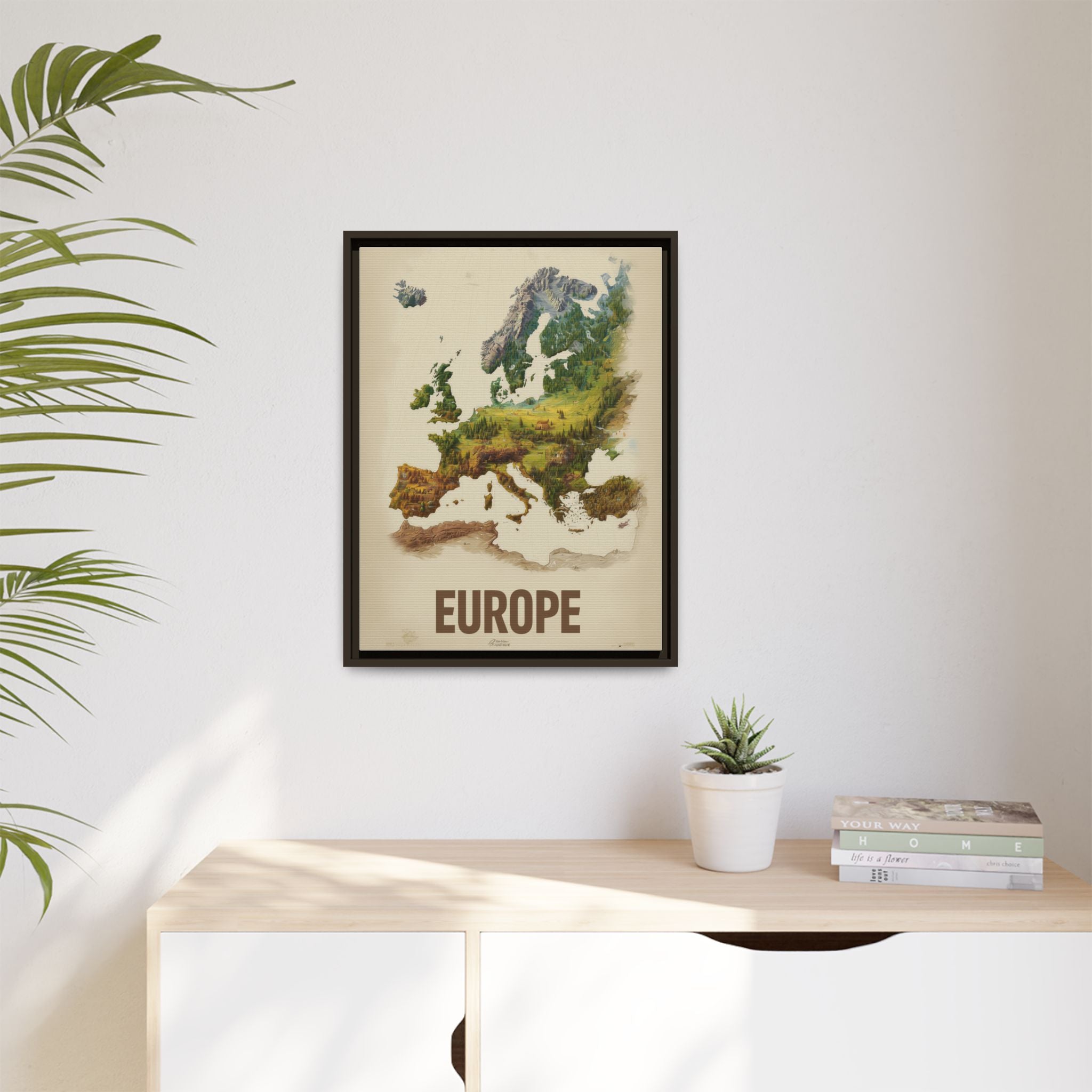 Framed Europe Map Canvas Print — Vintage Landscape Style Wall Art