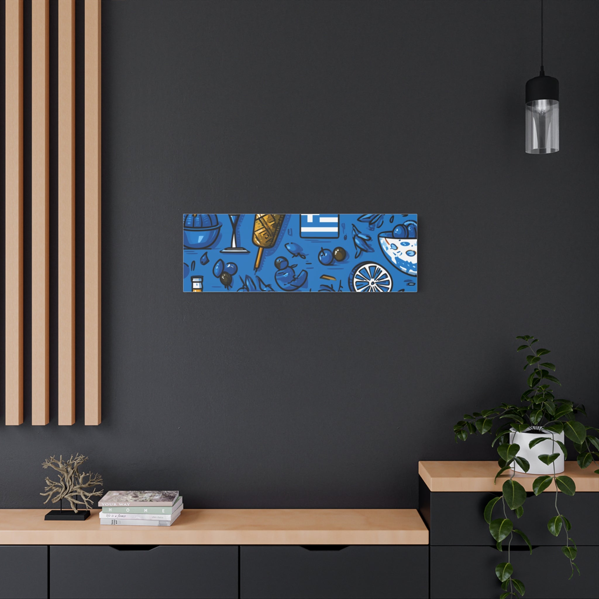 Vibrant Canvas Wall Art, Blue Mediterranean Theme, Kitchen Decor, Greek Party Decor, Olive and Drink Motif