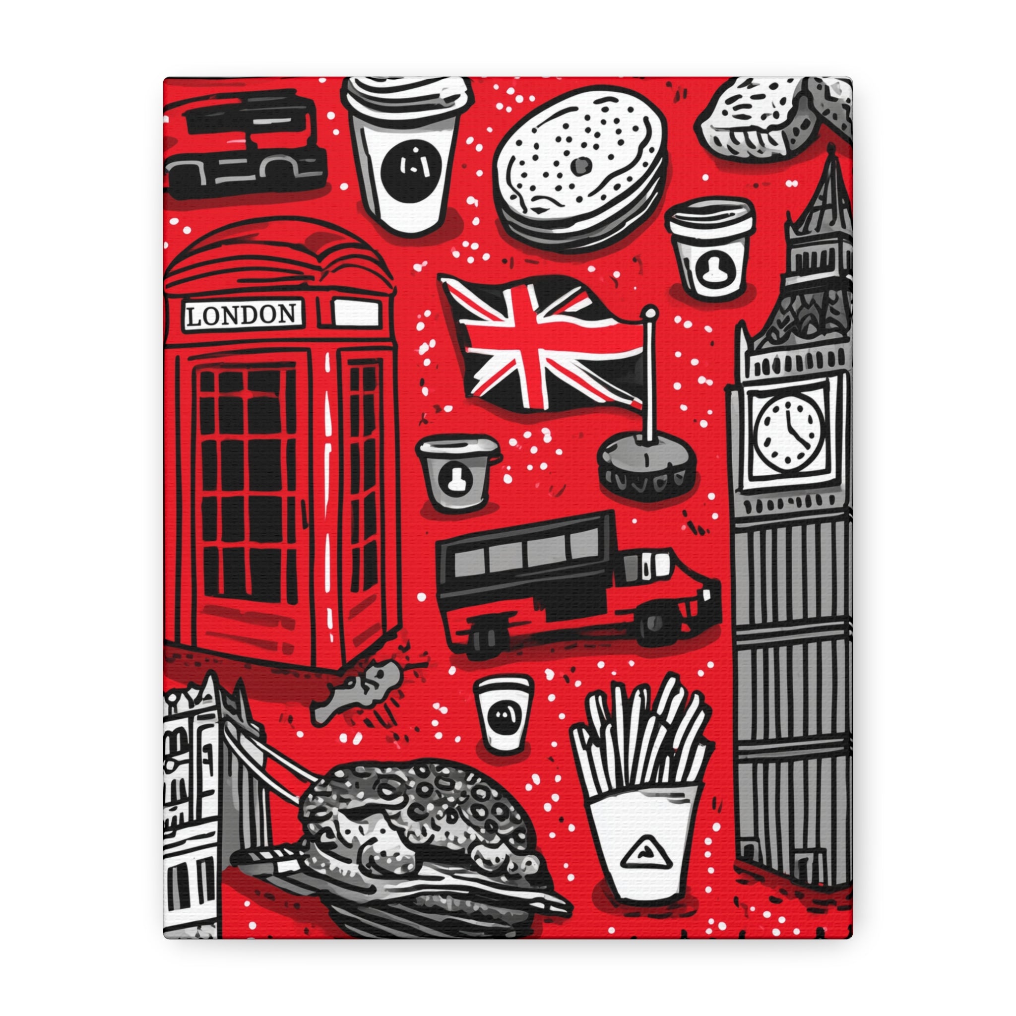 London-Themed Canvas Art, Wall Decor, Home Office Artwork, UK Travel Gift, British Culture Decor, Red and Black Design