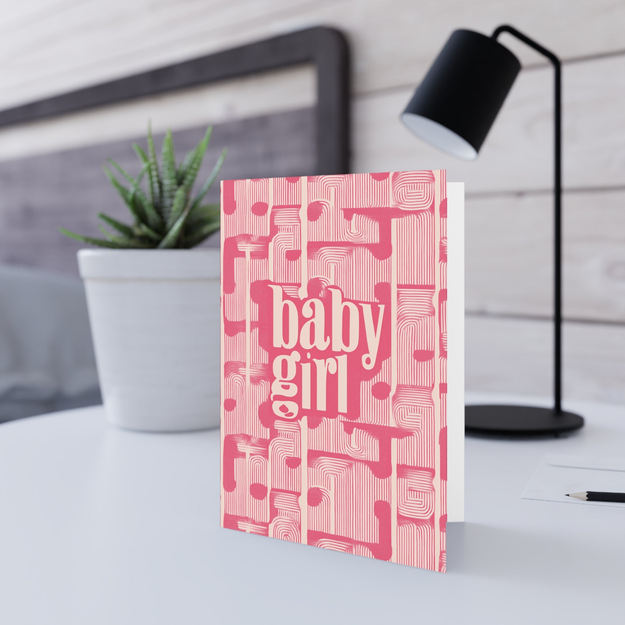 Baby Girl Greeting Card — Pink Retro Pattern Newborn Card
