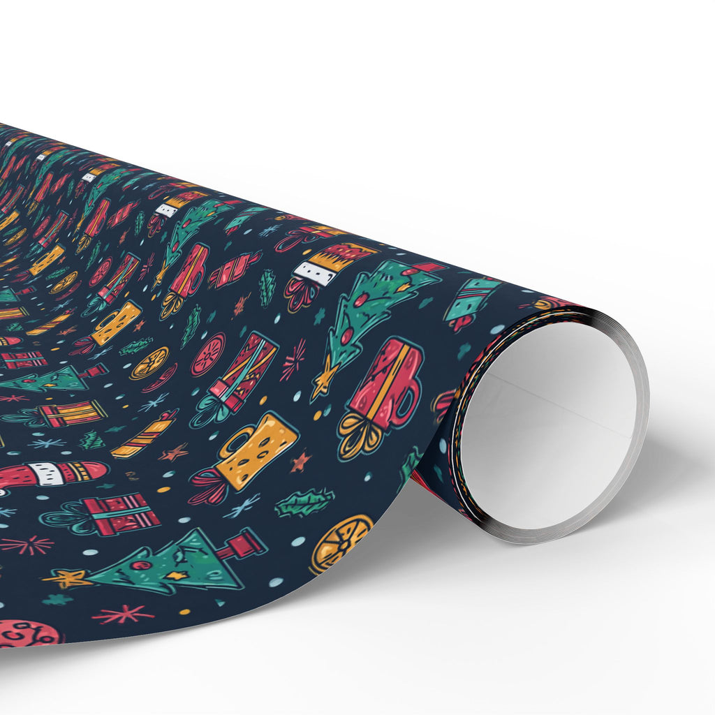 Holiday Gift Wrapping Paper Roll – Dark Christmas Icons Pattern (Trees, Presents, Stockings)