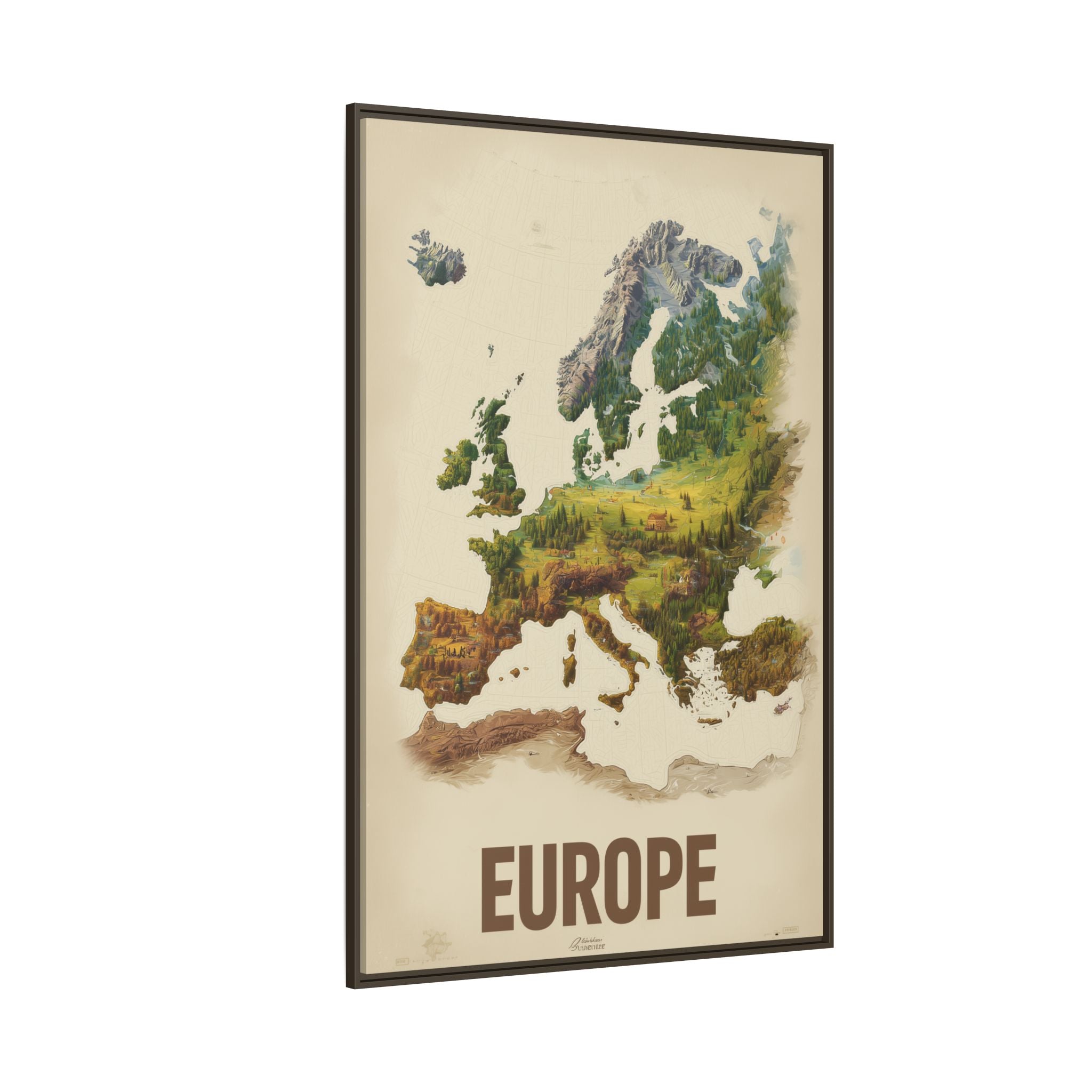Framed Europe Map Canvas Print — Vintage Landscape Style Wall Art