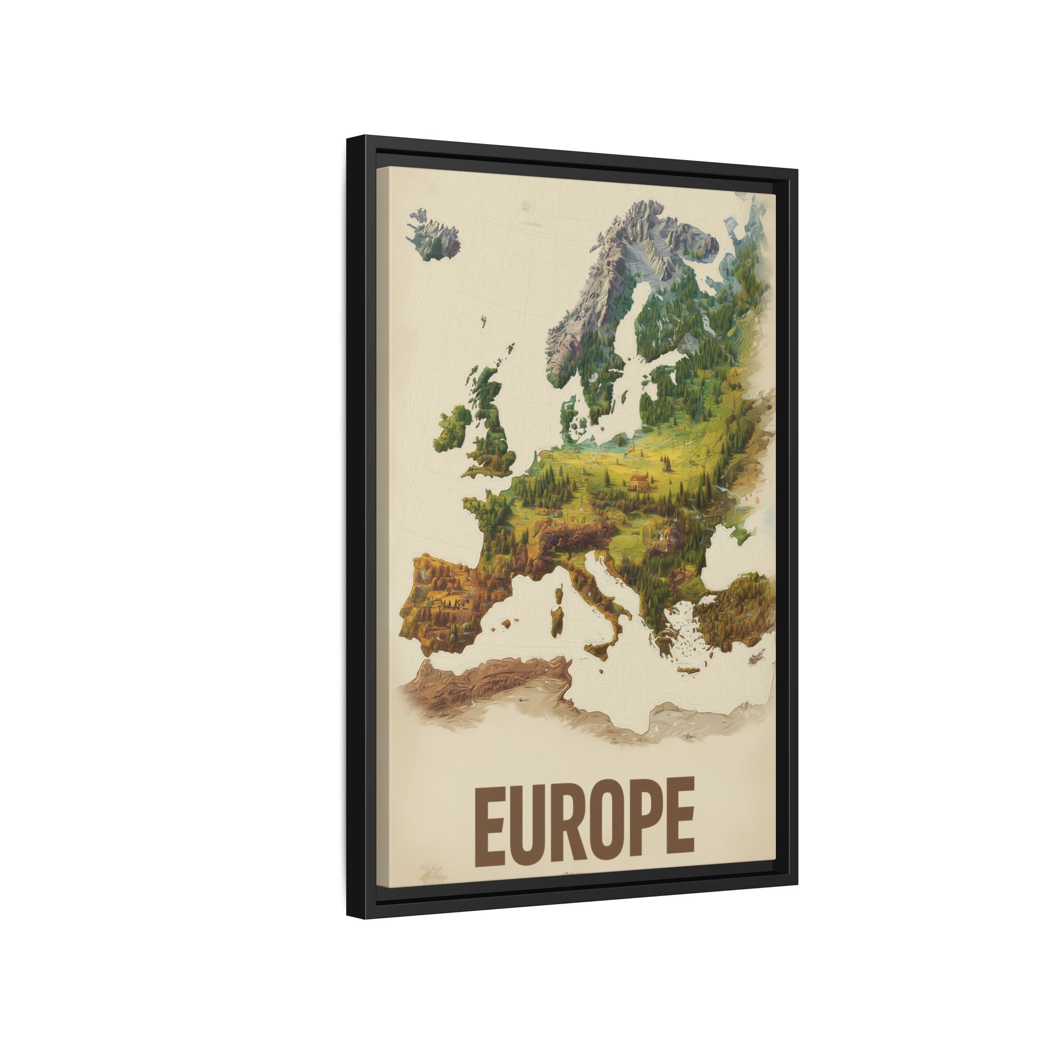 Framed Europe Map Canvas Print — Vintage Landscape Style Wall Art